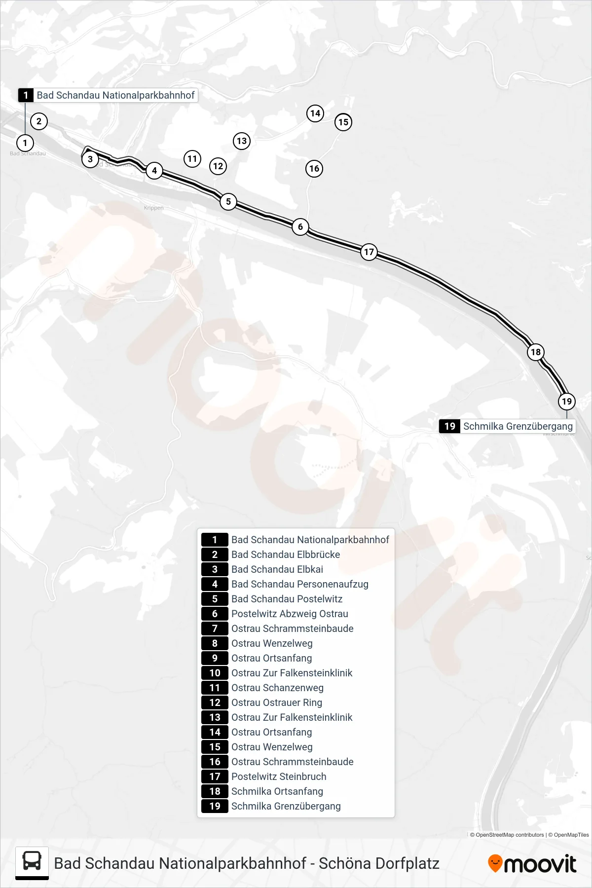 252 bus Line (Schmilka Grenzübergang) route and stops on a map