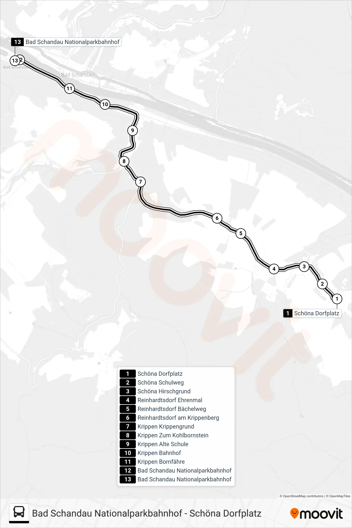 Linie 252 (Bus) Richtung Bad Schandau Nationalparkbahnhof: Route und Haltestellen auf der Karte