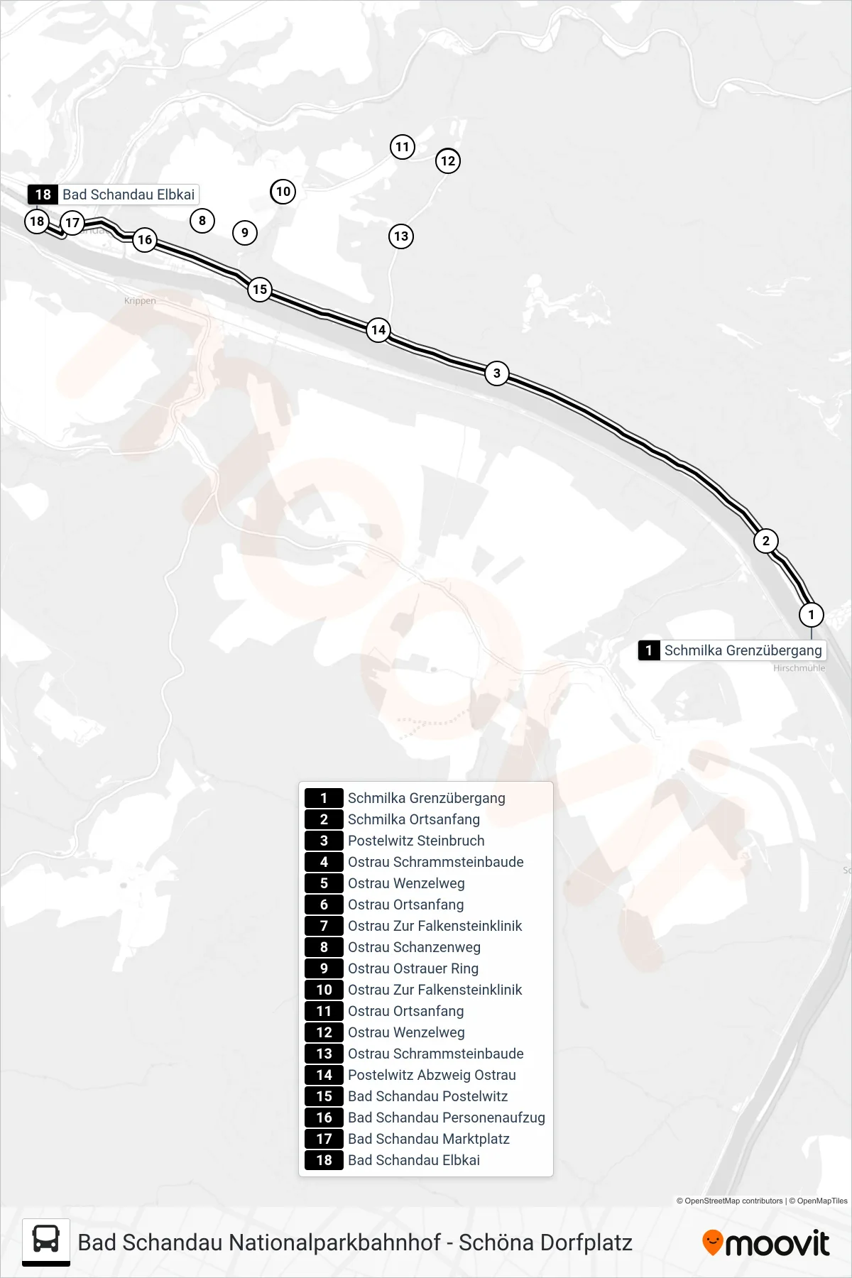 252 bus Line (Bad Schandau Elbkai) route and stops on a map