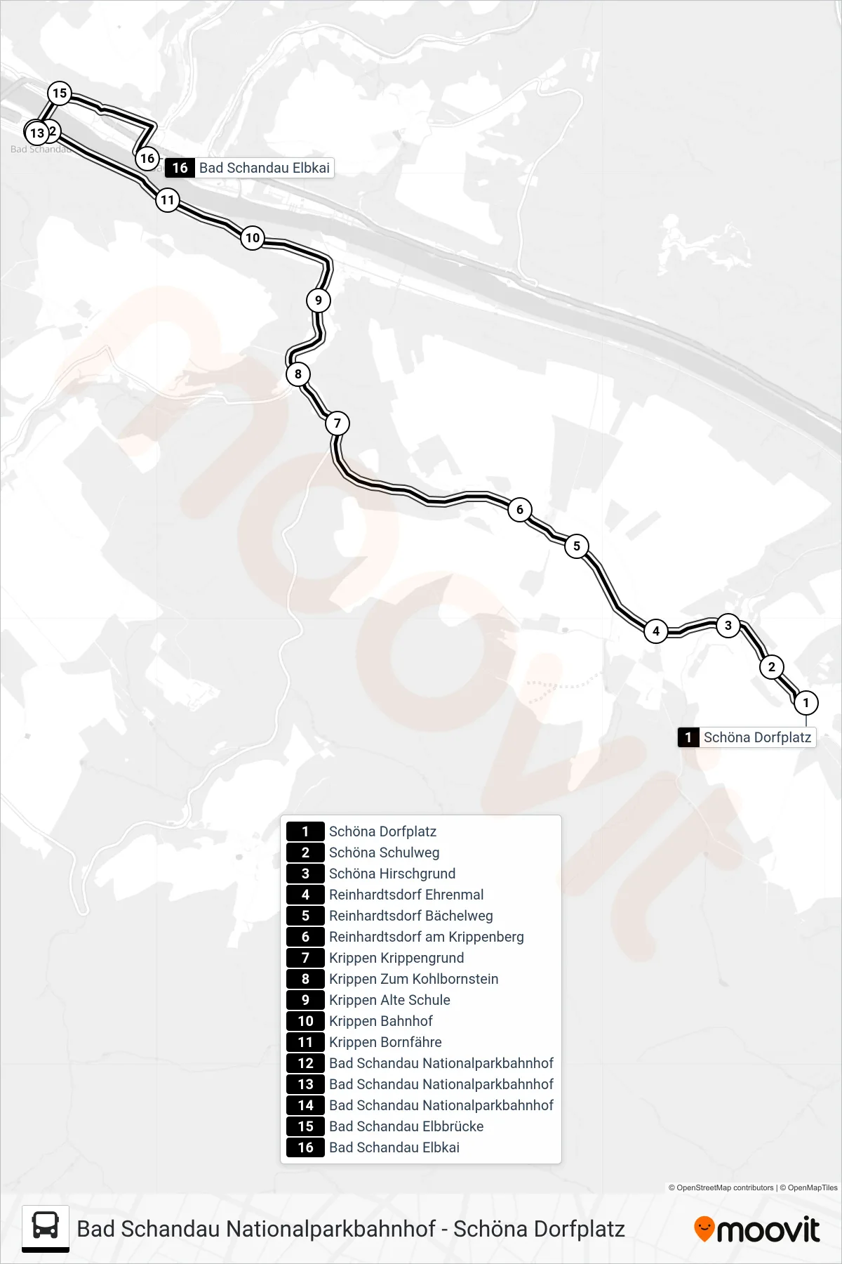 252 bus Line (Bad Schandau Elbkai) route and stops on a map