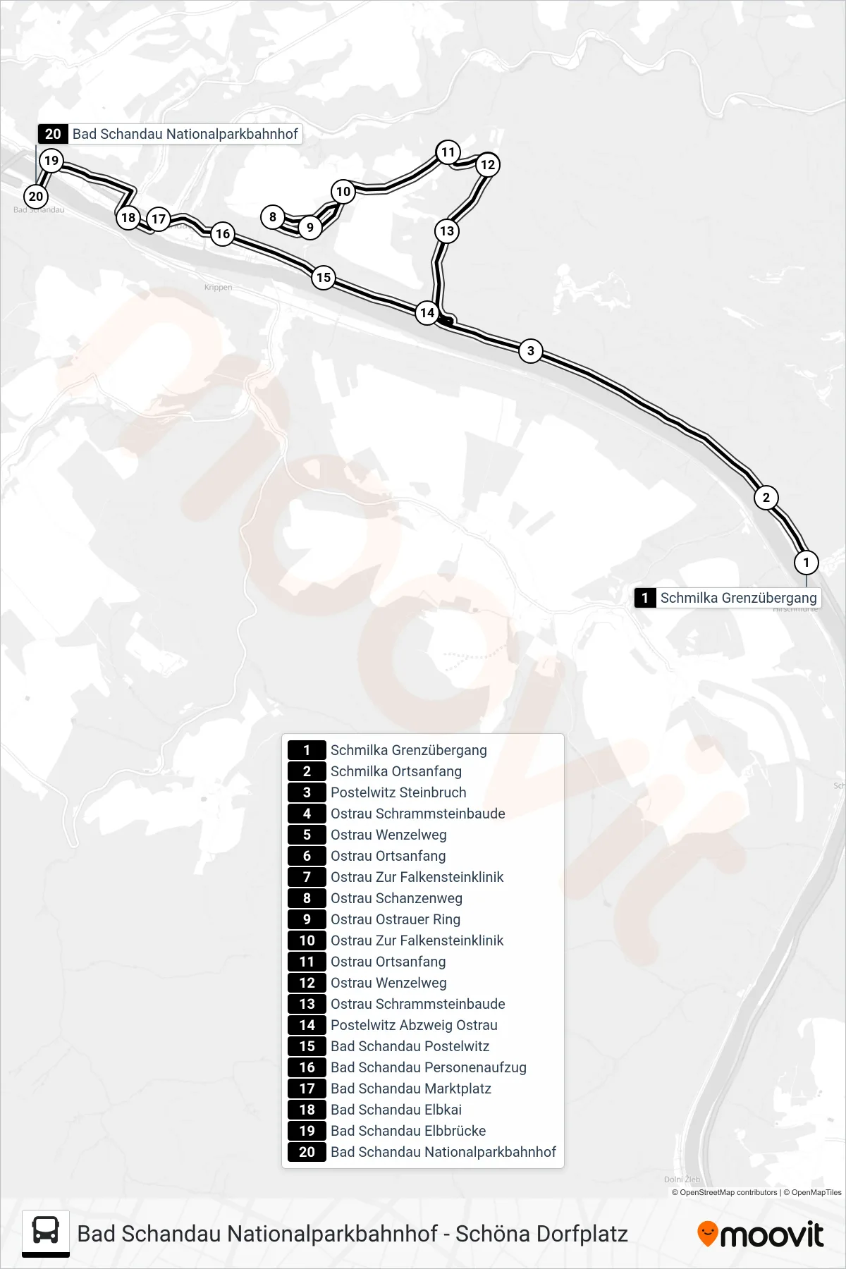 252 bus Line (Bad Schandau Nationalparkbahnhof) route and stops on a map