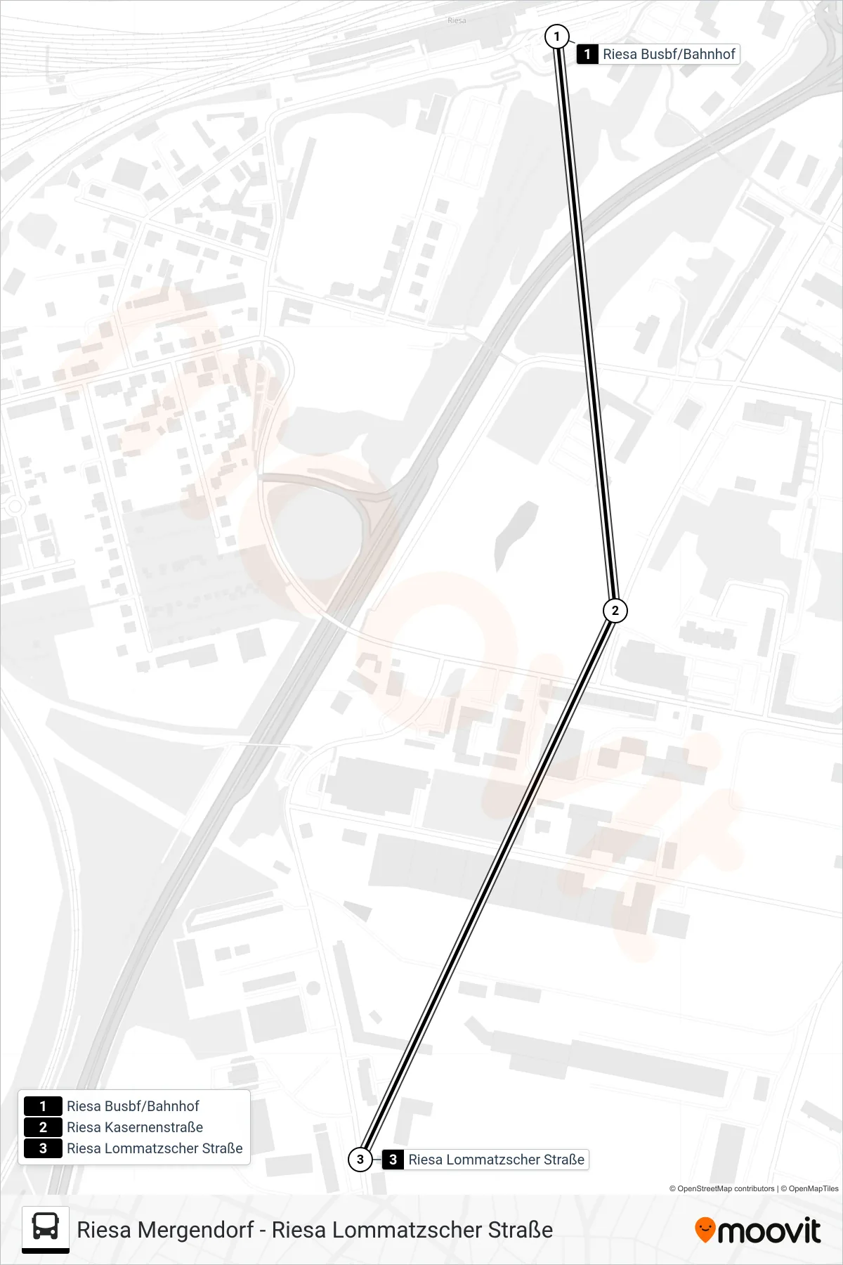 E (RIESA) bus Line (Riesa Lommatzscher Straße) route and stops on a map