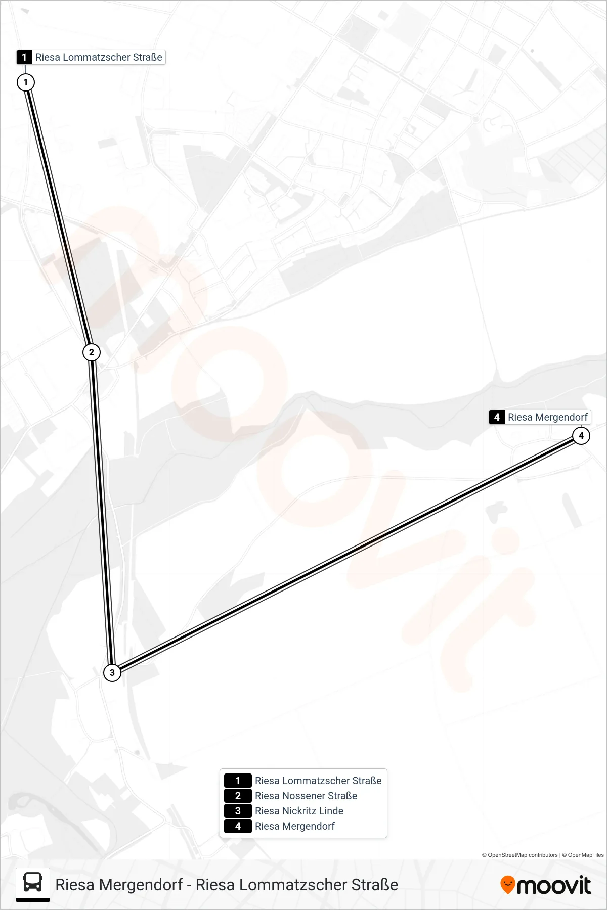 E (RIESA) bus Line (Riesa Mergendorf) route and stops on a map