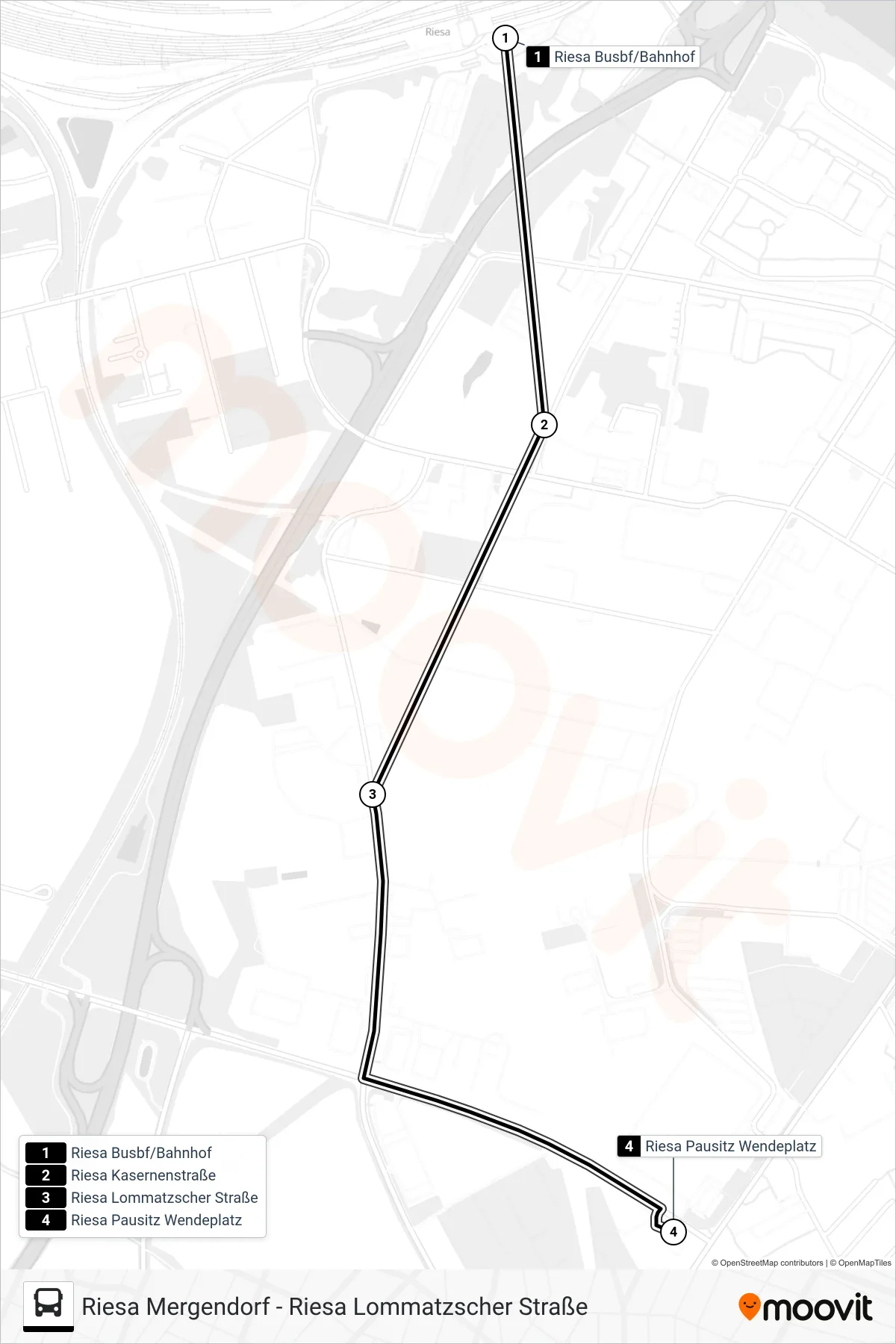 E (RIESA) bus Line (Riesa Pausitz Wendeplatz) route and stops on a map