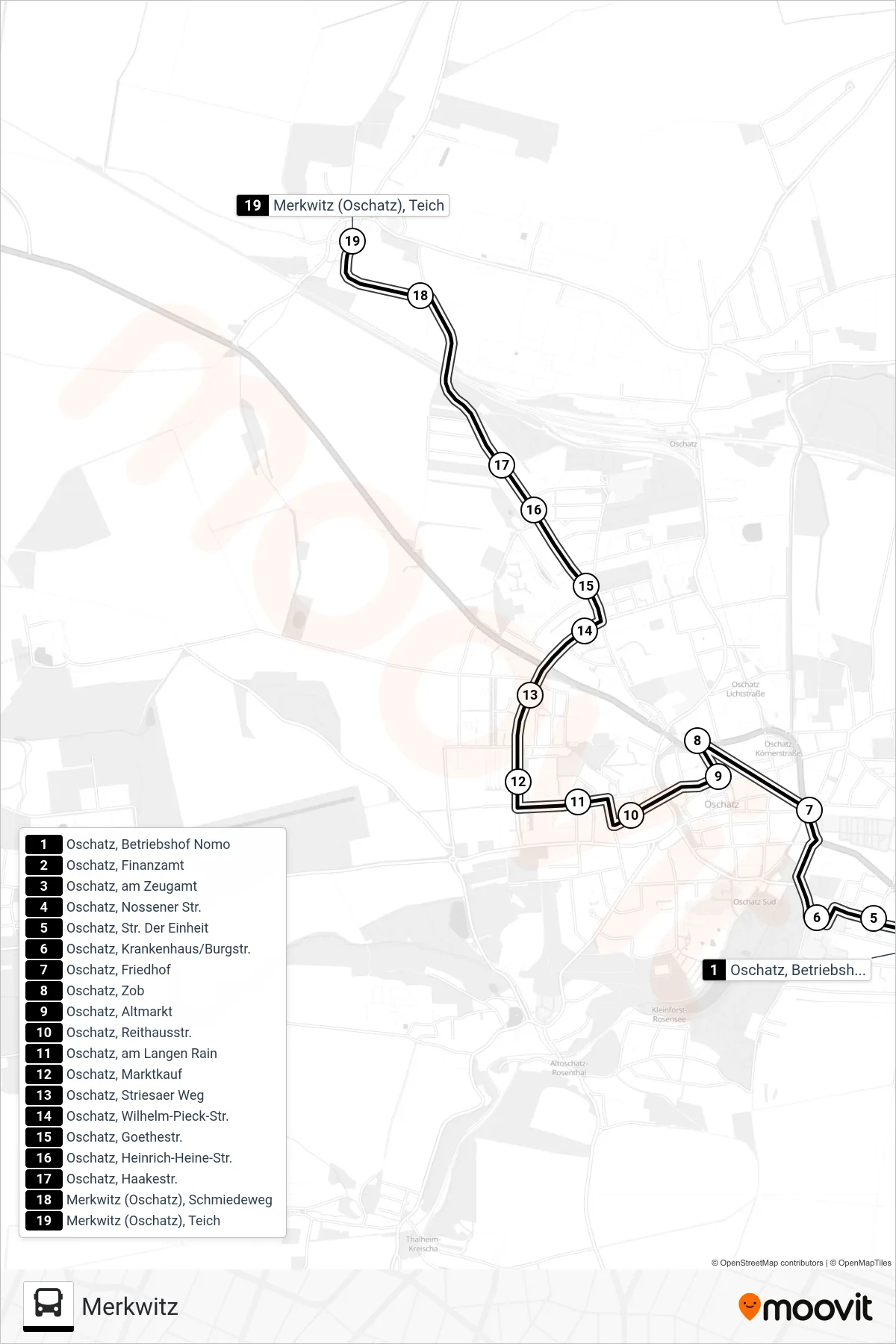 Linie A (Bus) Richtung Merkwitz: Route und Haltestellen auf der Karte