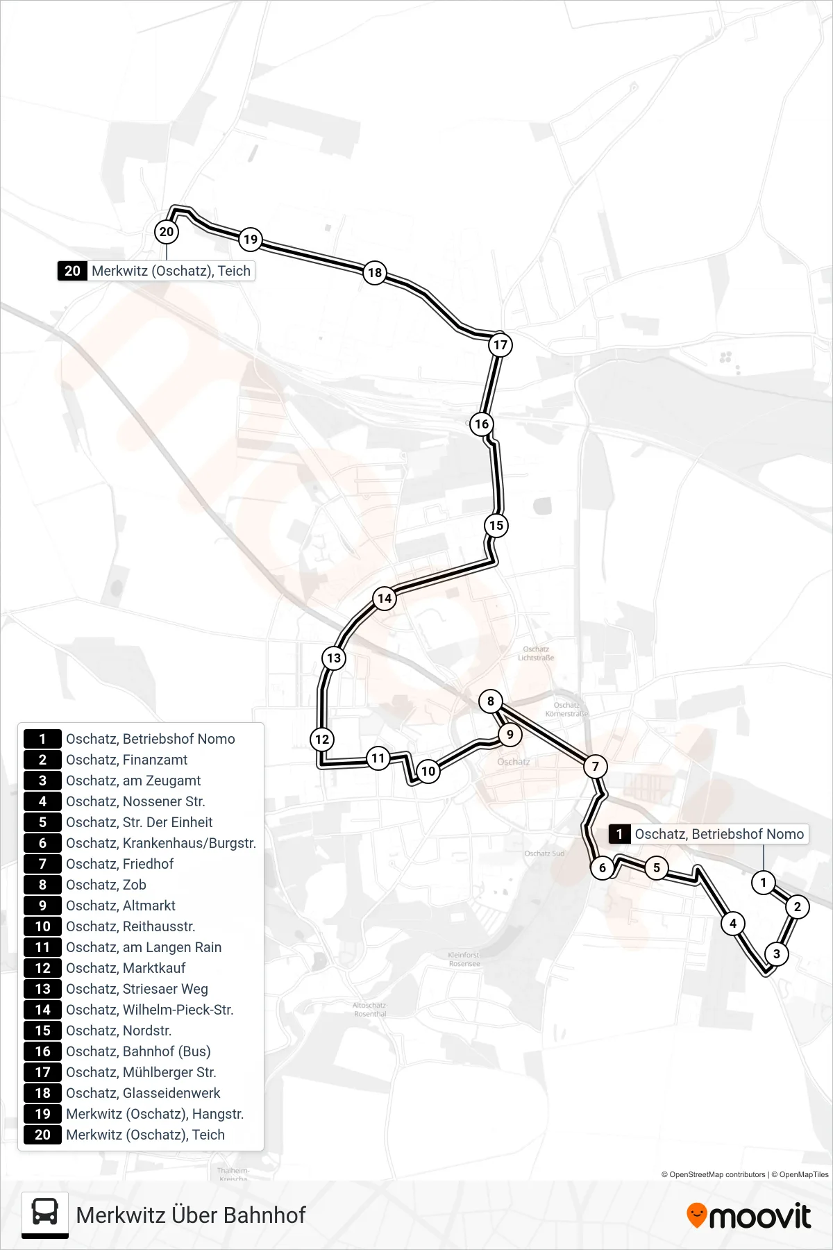 A bus Line (Merkwitz Über Bahnhof) route and stops on a map