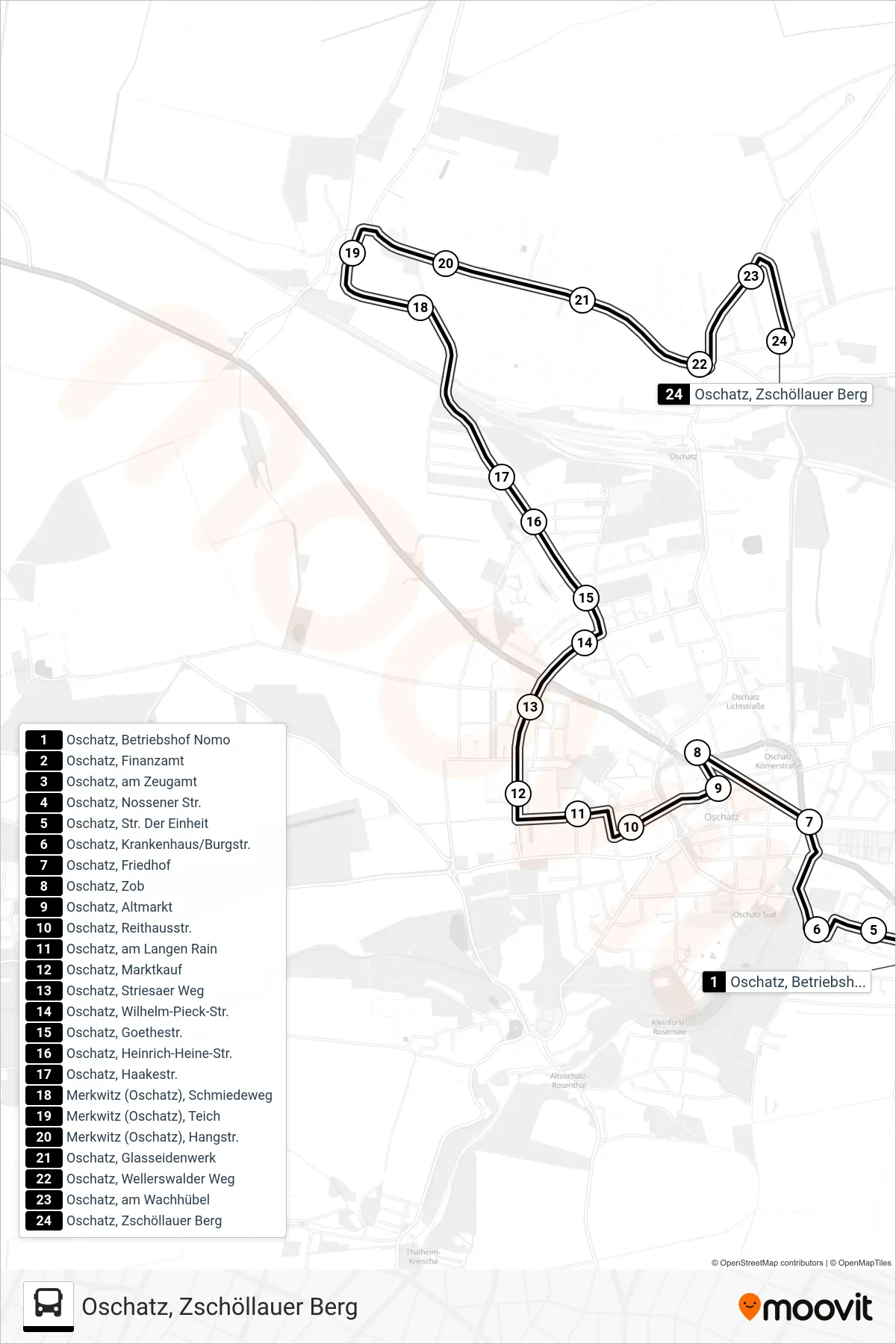 A bus Line (Oschatz, Zschöllauer Berg) route and stops on a map