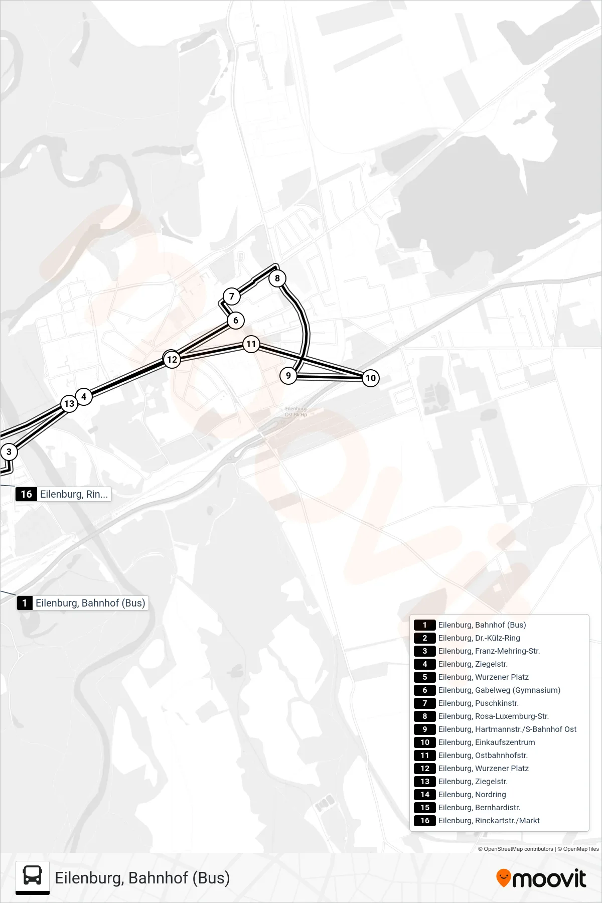 Linie B (Bus) Richtung Eilenburg, Bahnhof (Bus): Route und Haltestellen auf der Karte