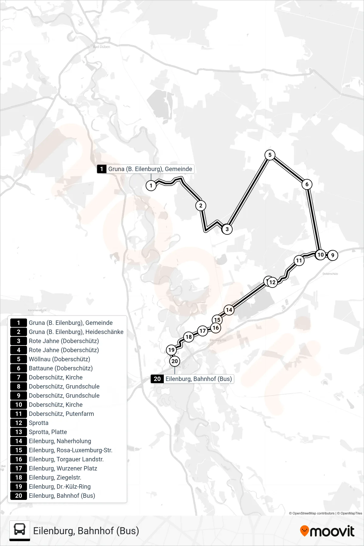 231 bus Line (Eilenburg, Bahnhof (Bus)) route and stops on a map