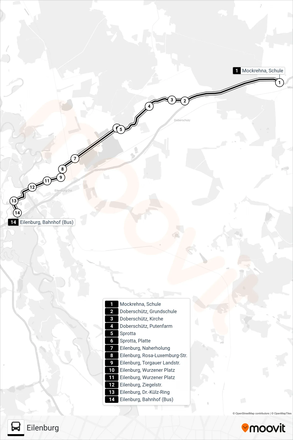 231 bus Line (Eilenburg) route and stops on a map