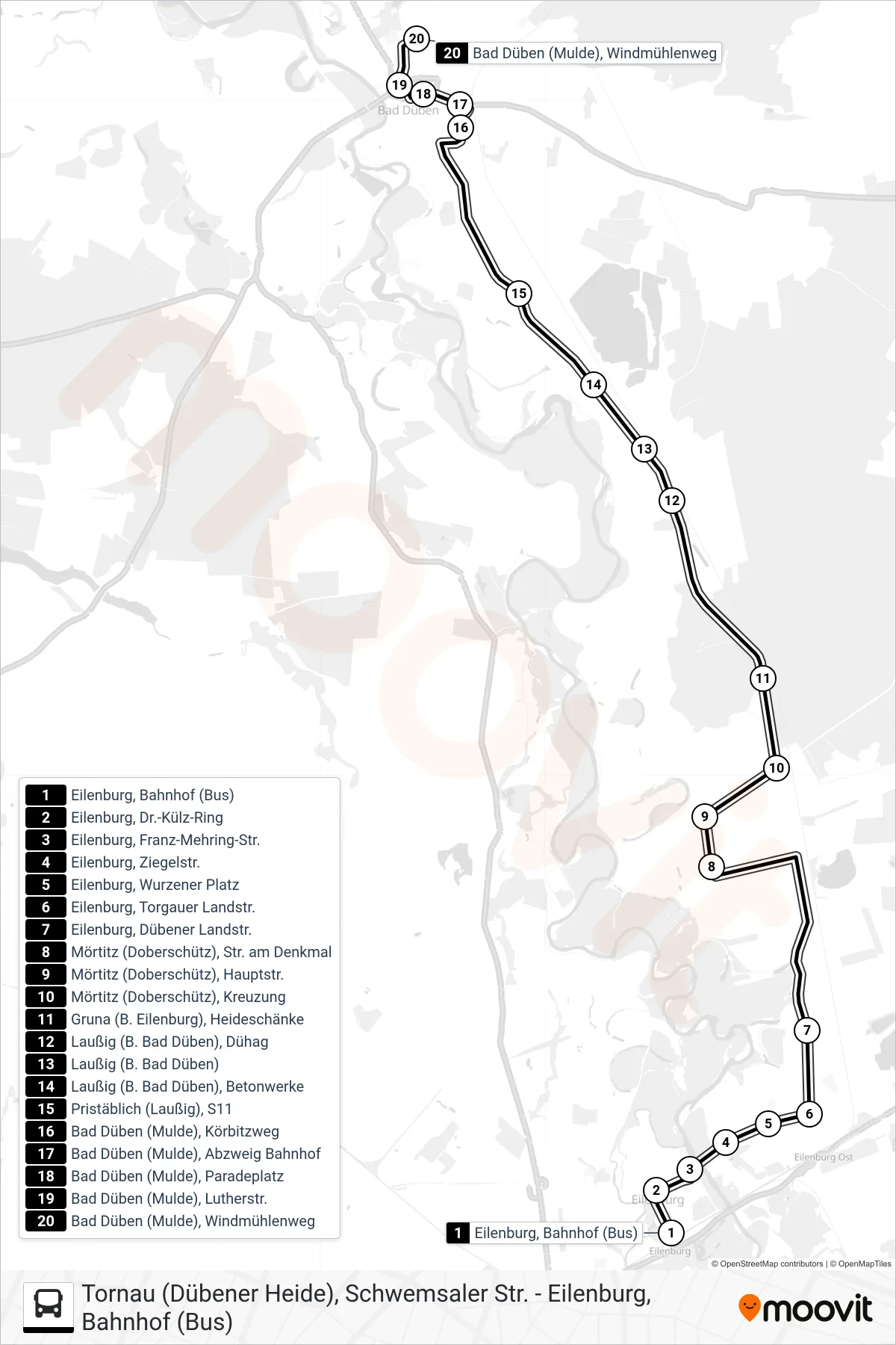 232 bus Line (Bad Düben (Mulde), Windmühlenweg) route and stops on a map