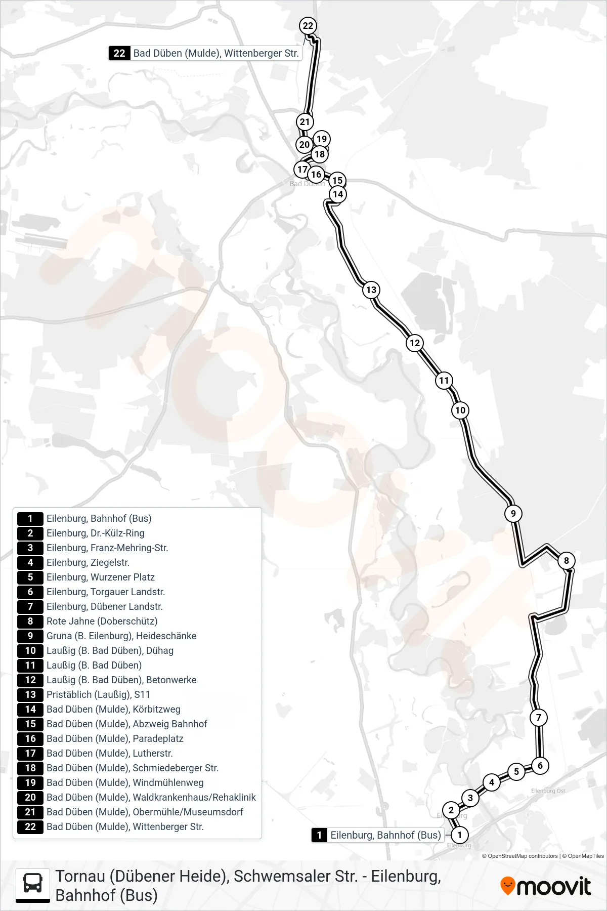 232 bus Line (Bad Düben, Wittenberger Straße) route and stops on a map
