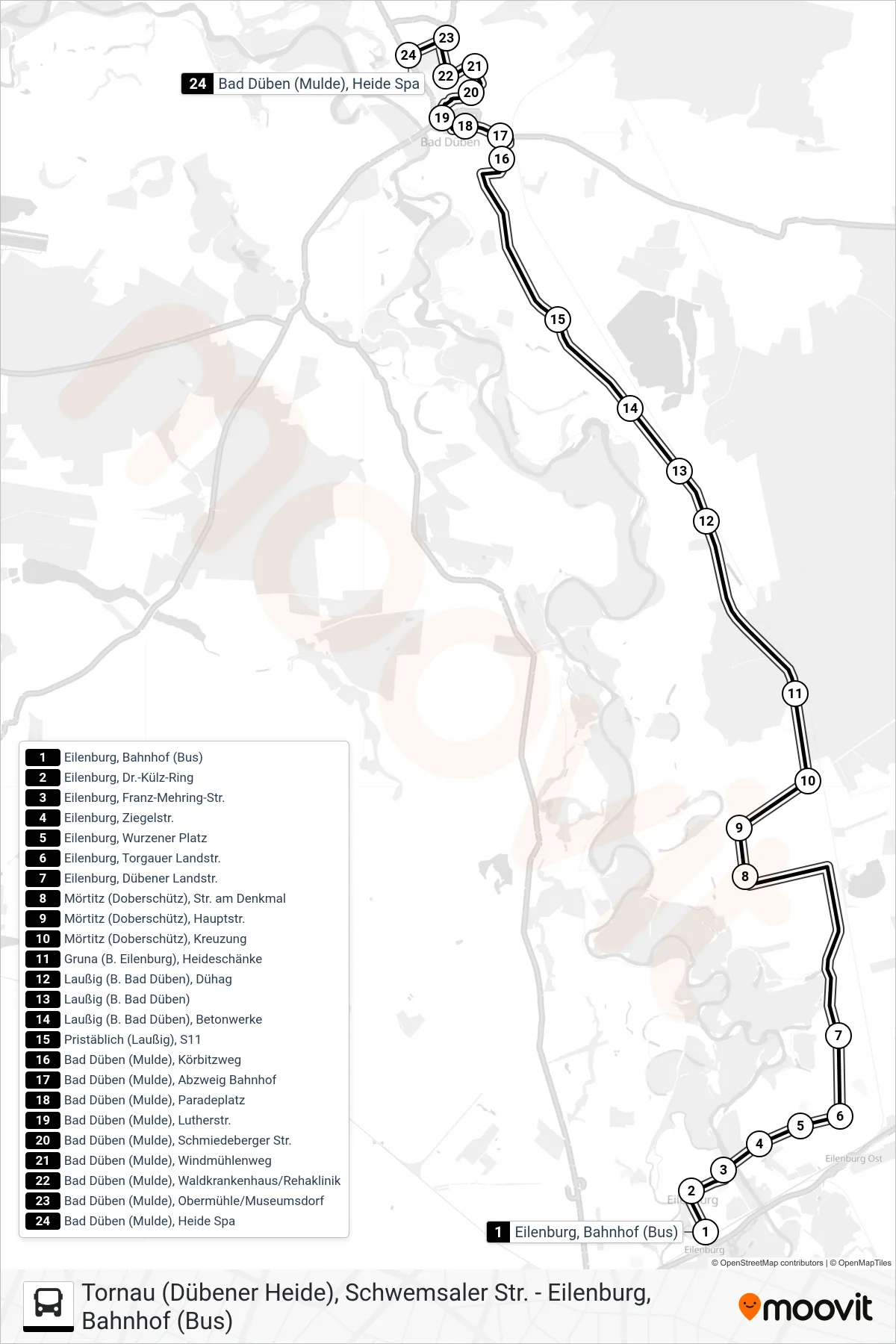 232 bus Line (Bad Düben (Mulde), Heide Spa) route and stops on a map