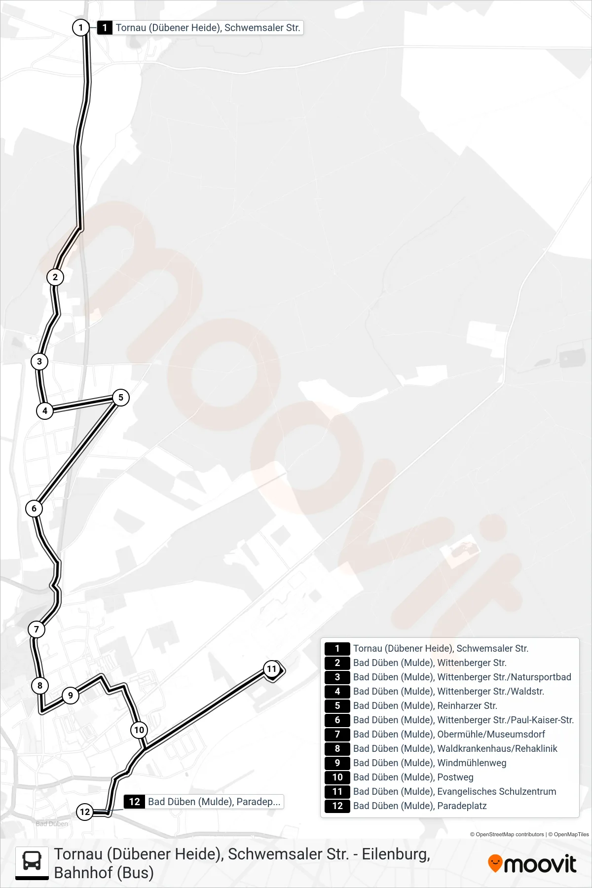 232 bus Line (Bad Düben, Windmühlenweg) route and stops on a map