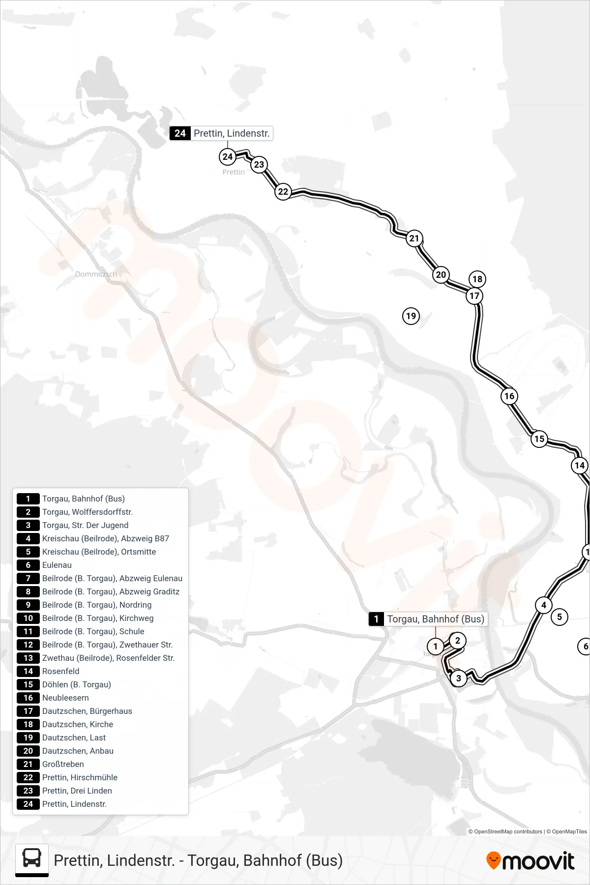 Linie 751 (Bus) Richtung Prettin: Route und Haltestellen auf der Karte