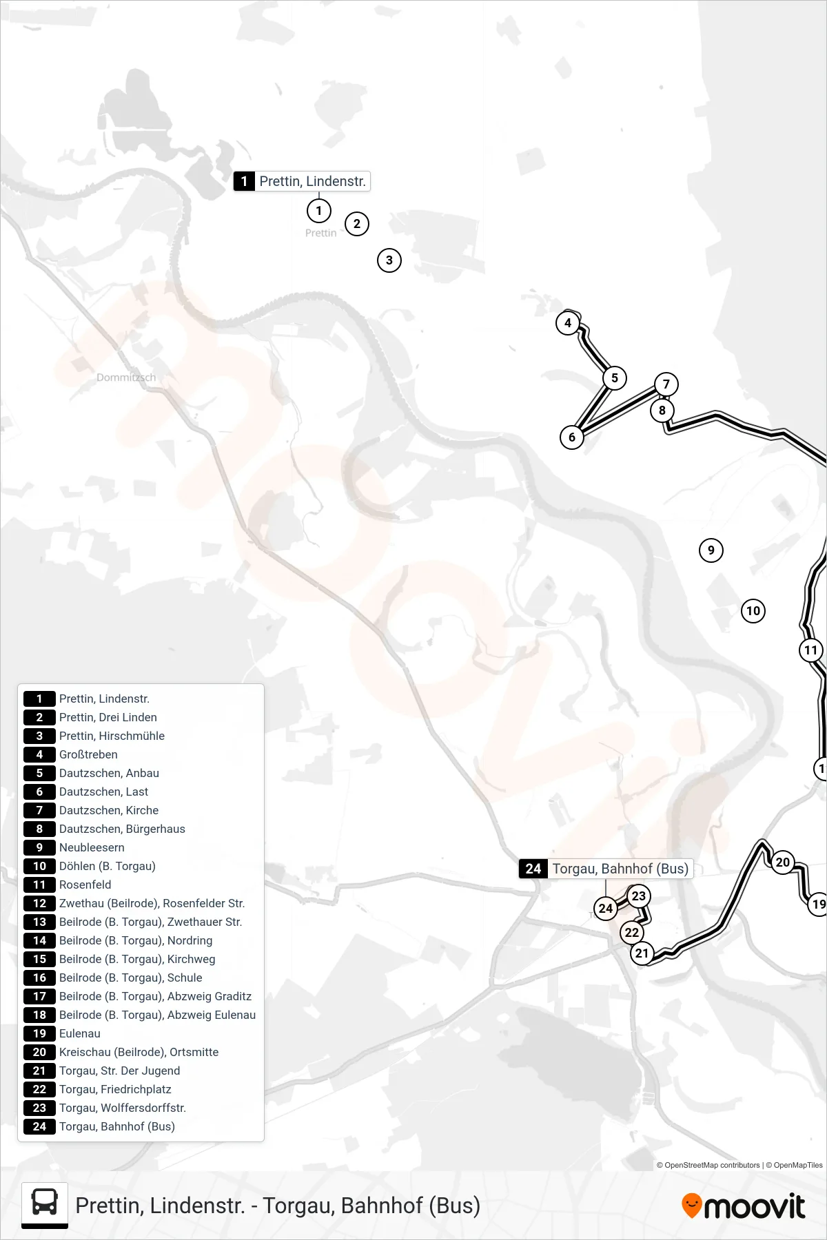 751 bus Line (Torgau) route and stops on a map