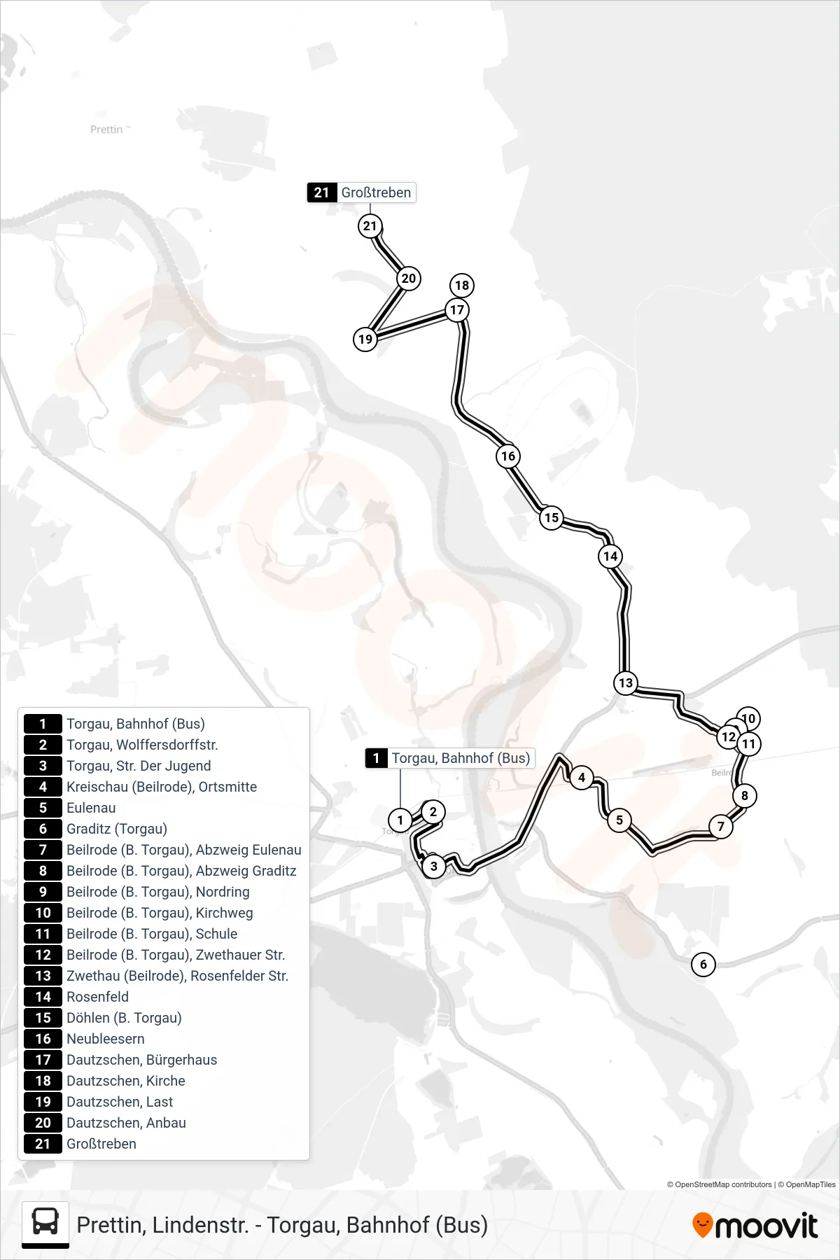 751 bus Line (Großtreben) route and stops on a map