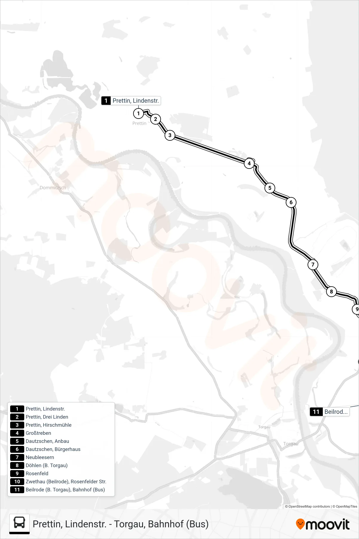 751 bus Line (Beilrode - Arzberg) route and stops on a map