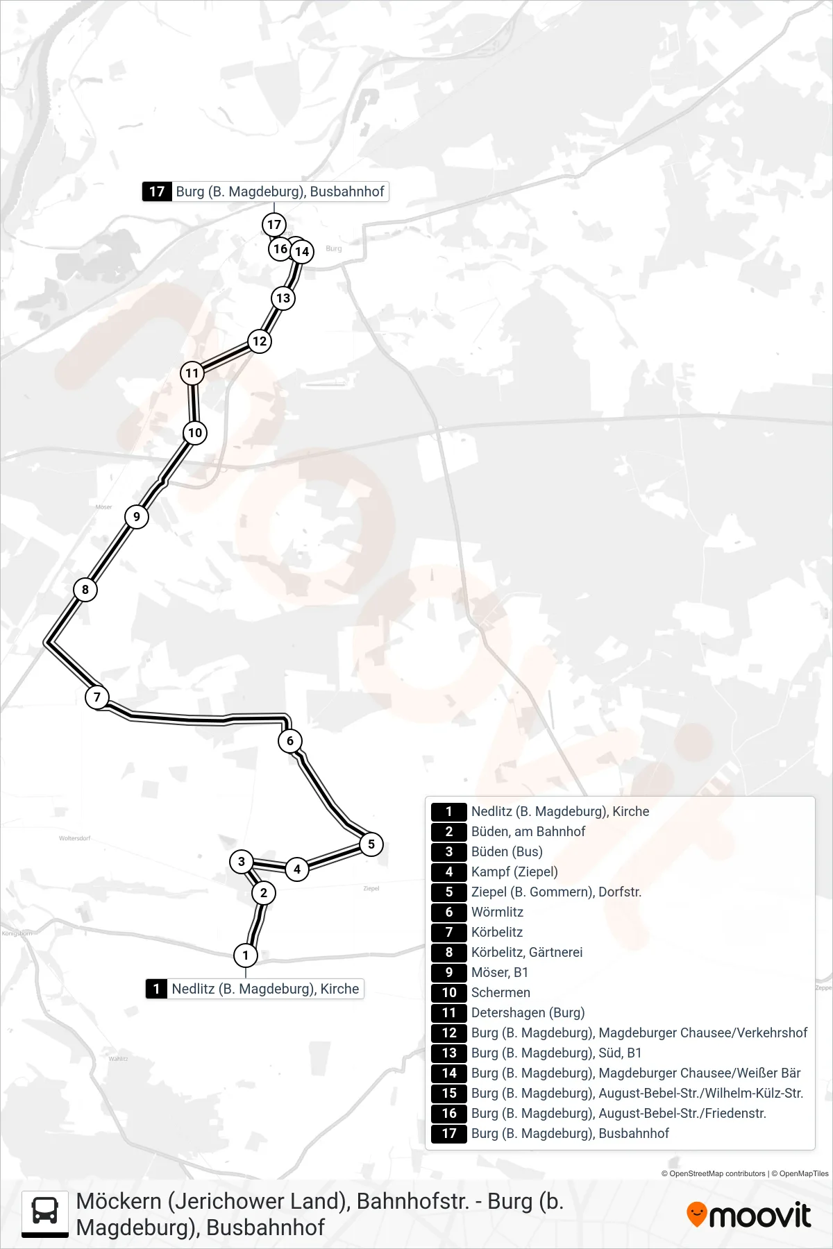 Linie 710 (Bus) Richtung 710 Burg/N710 Nedlitz - Burg: Route und Haltestellen auf der Karte