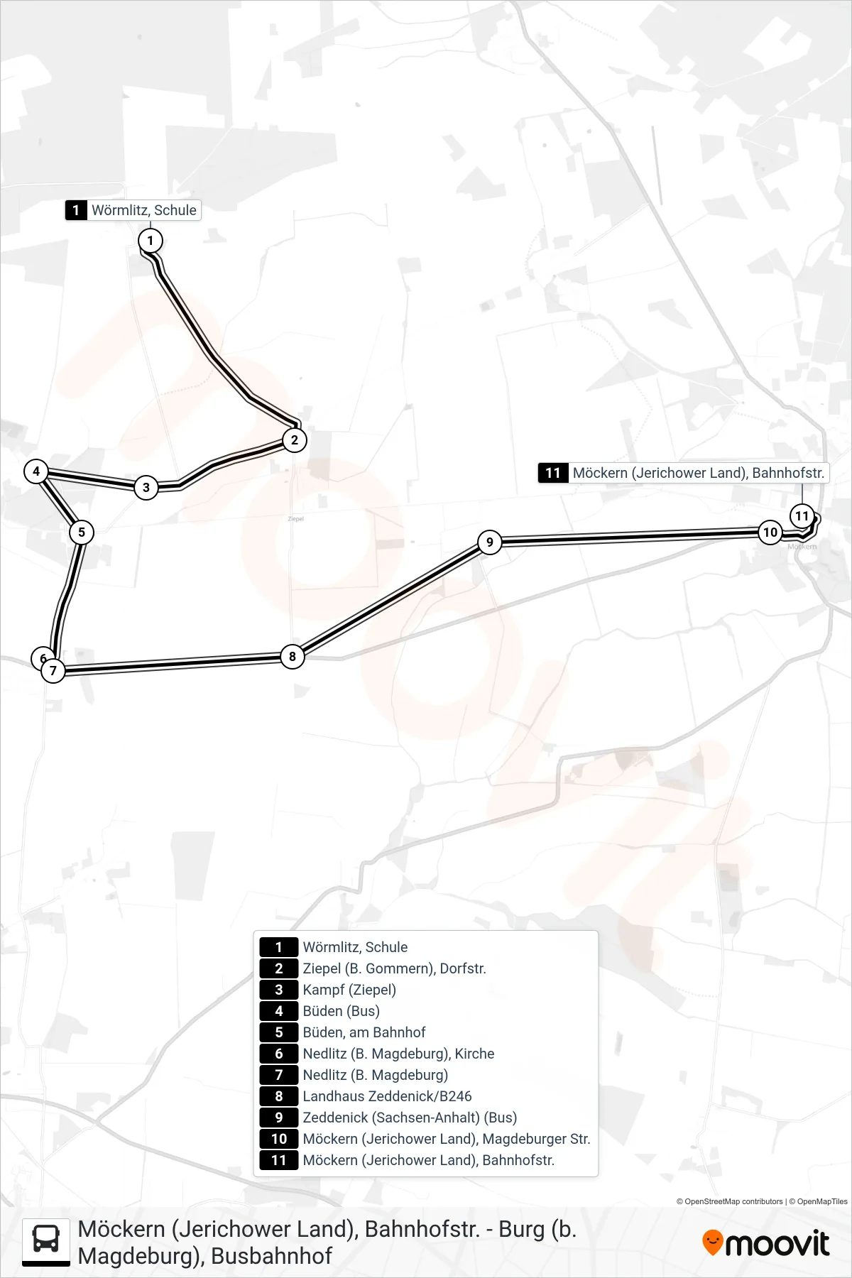 710 bus Line (710 Möckern/N710 Wörmlitz - Möckern) route and stops on a map