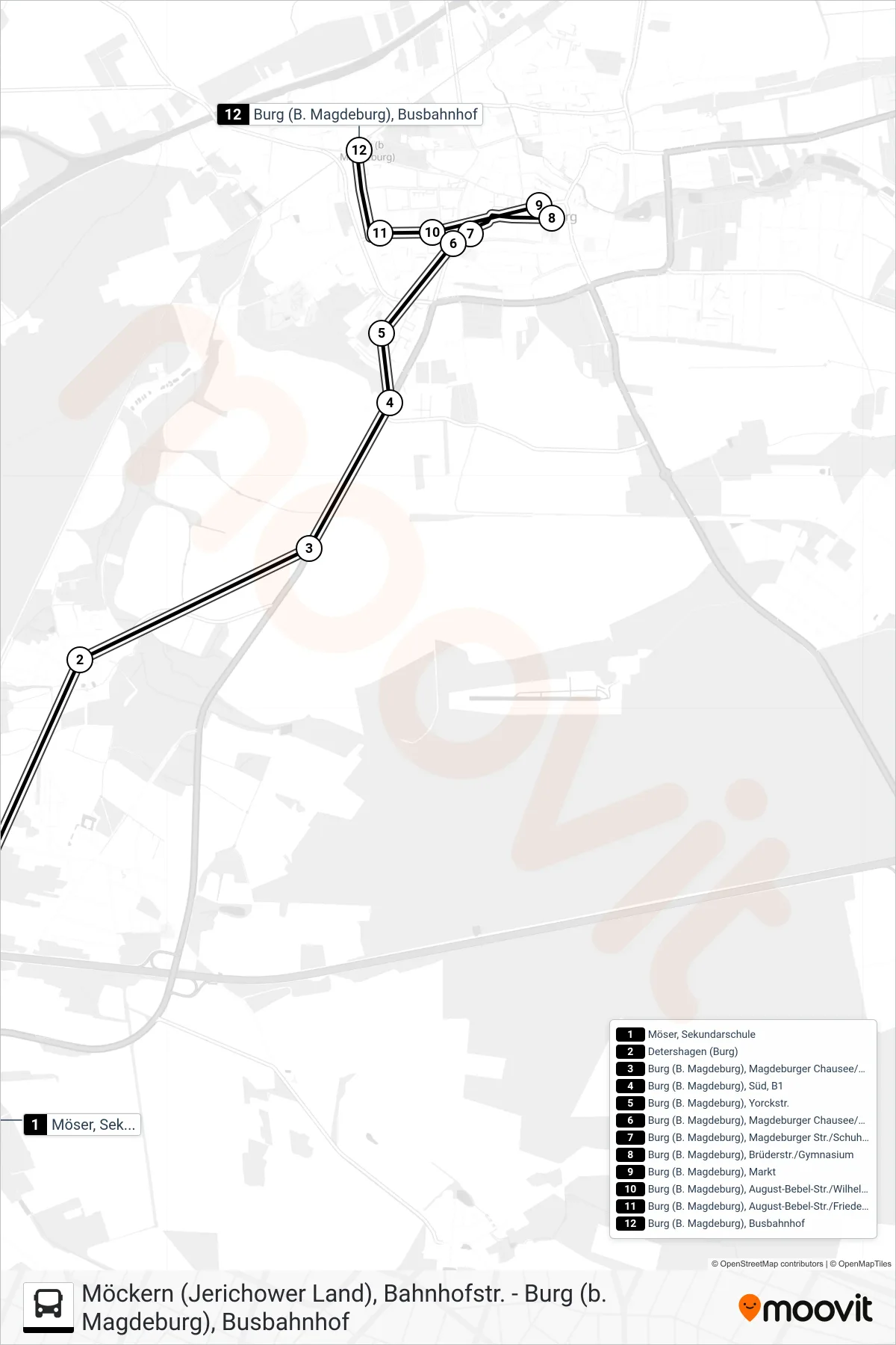 710 bus Line (710 Burg/N710 Möser - Burg) route and stops on a map