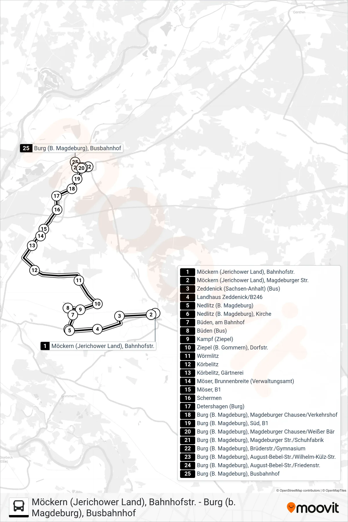 710 bus Line (710 Burg/N710 Möckern - Burg) route and stops on a map