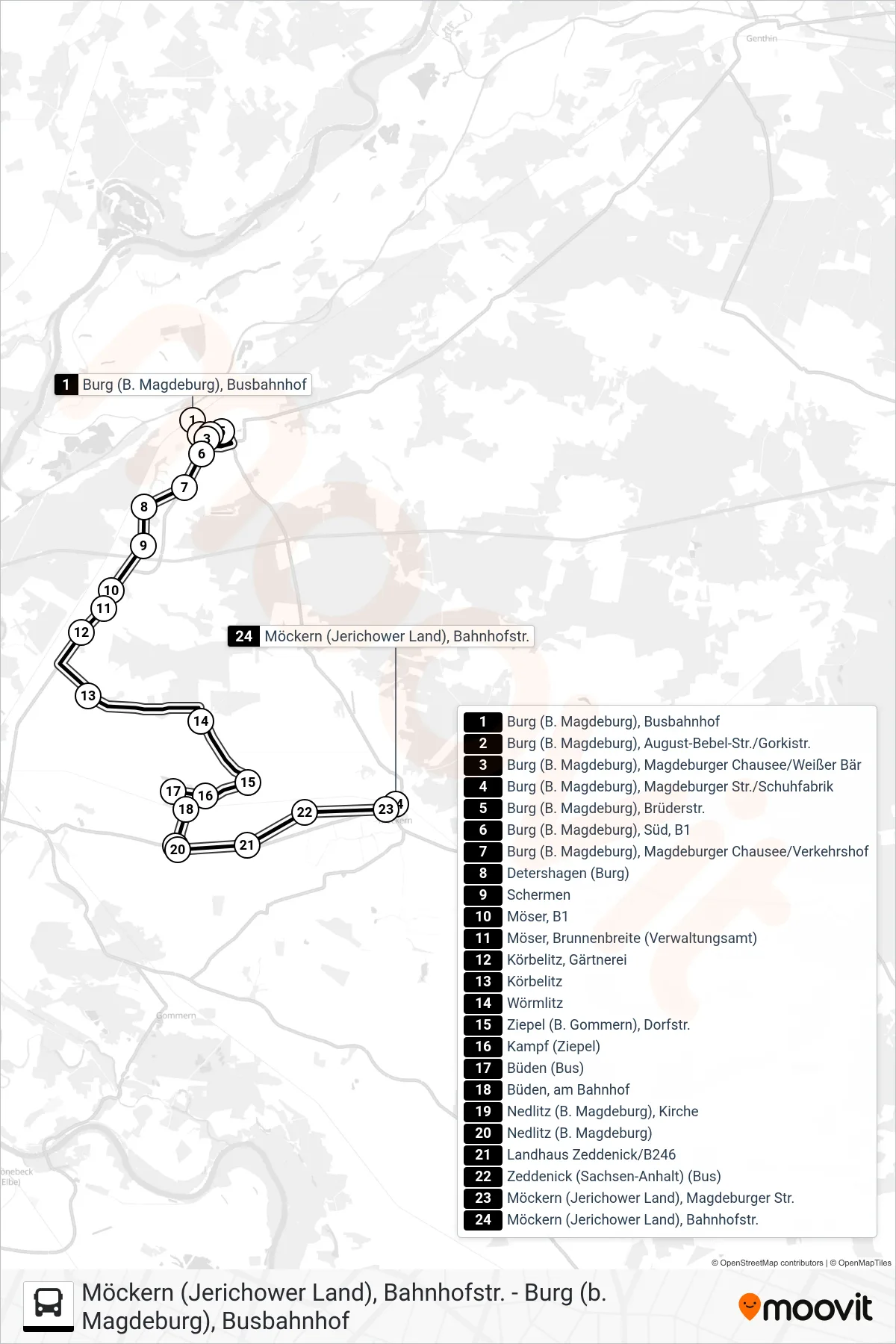 710 bus Line (710 Möser/N710 Burg - Möckern) route and stops on a map