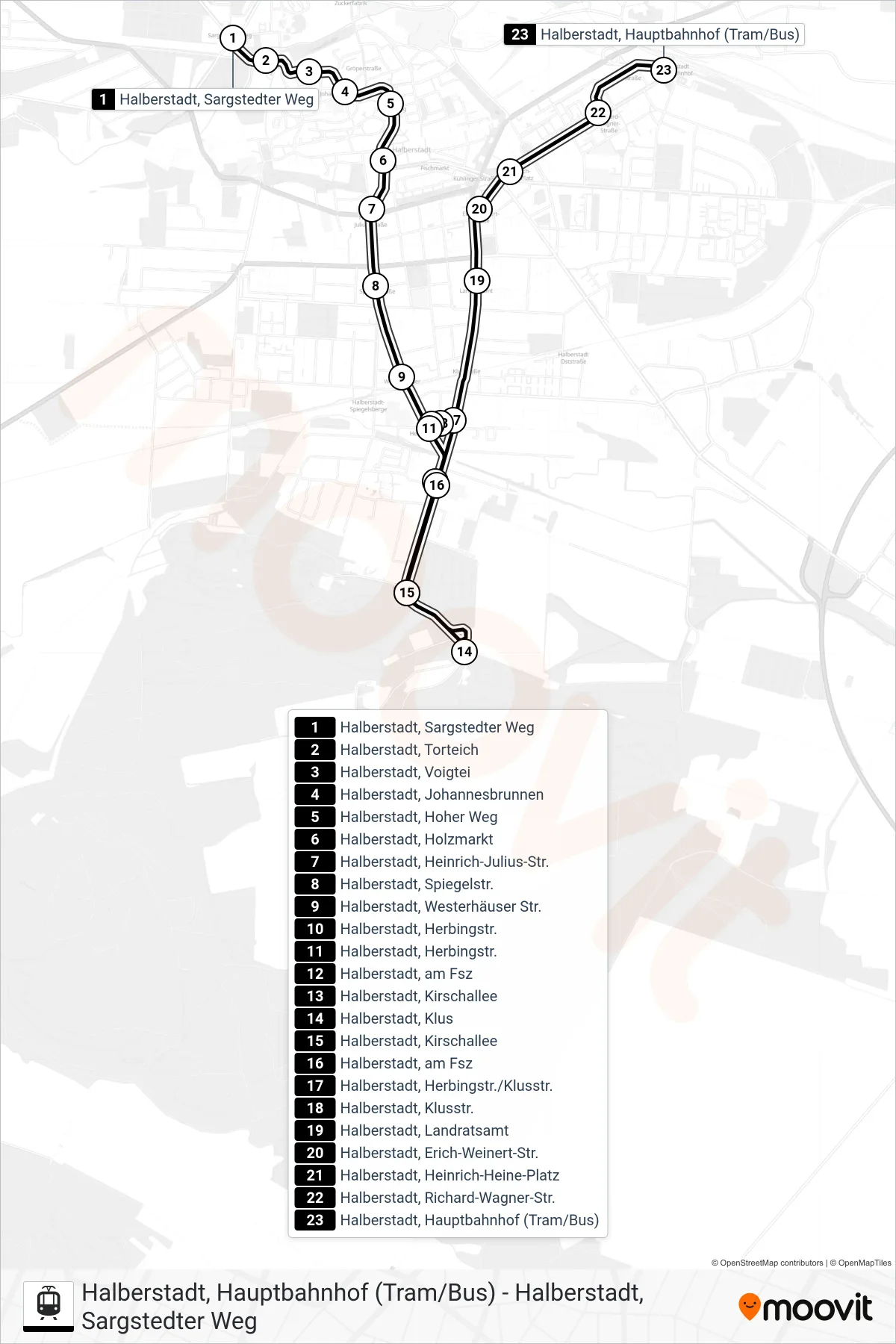 2 tram Line (Halberstadt Busbf) route and stops on a map