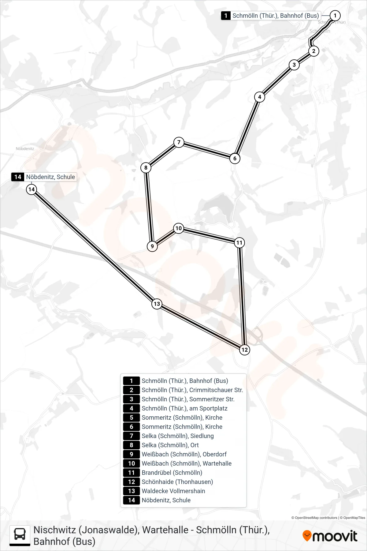 357 bus Line (Nöbdenitz) route and stops on a map