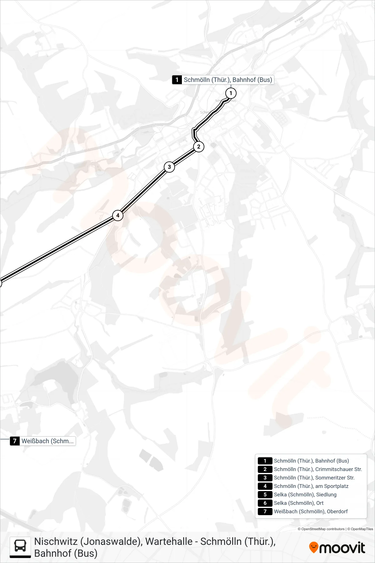 357 bus Line (Weißbach) route and stops on a map