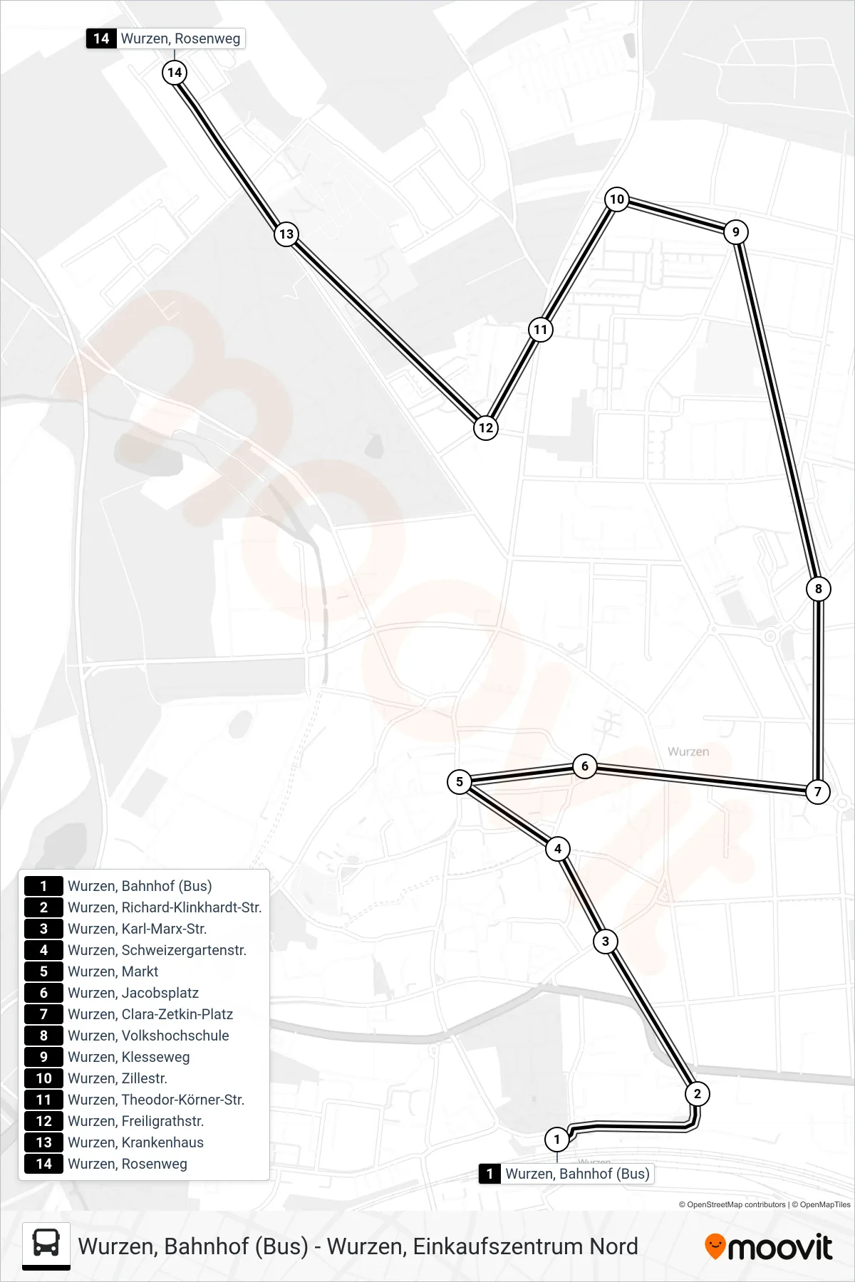 A bus Line (Rosenweg) route and stops on a map