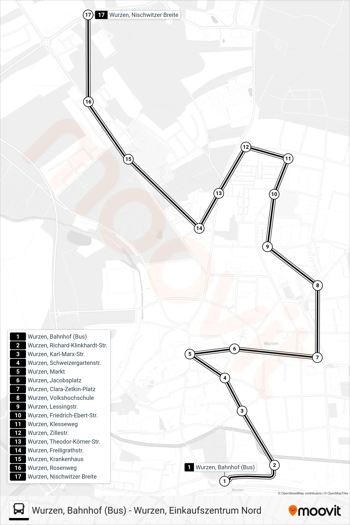 A bus Line (Nischwitzer Breite) route and stops on a map