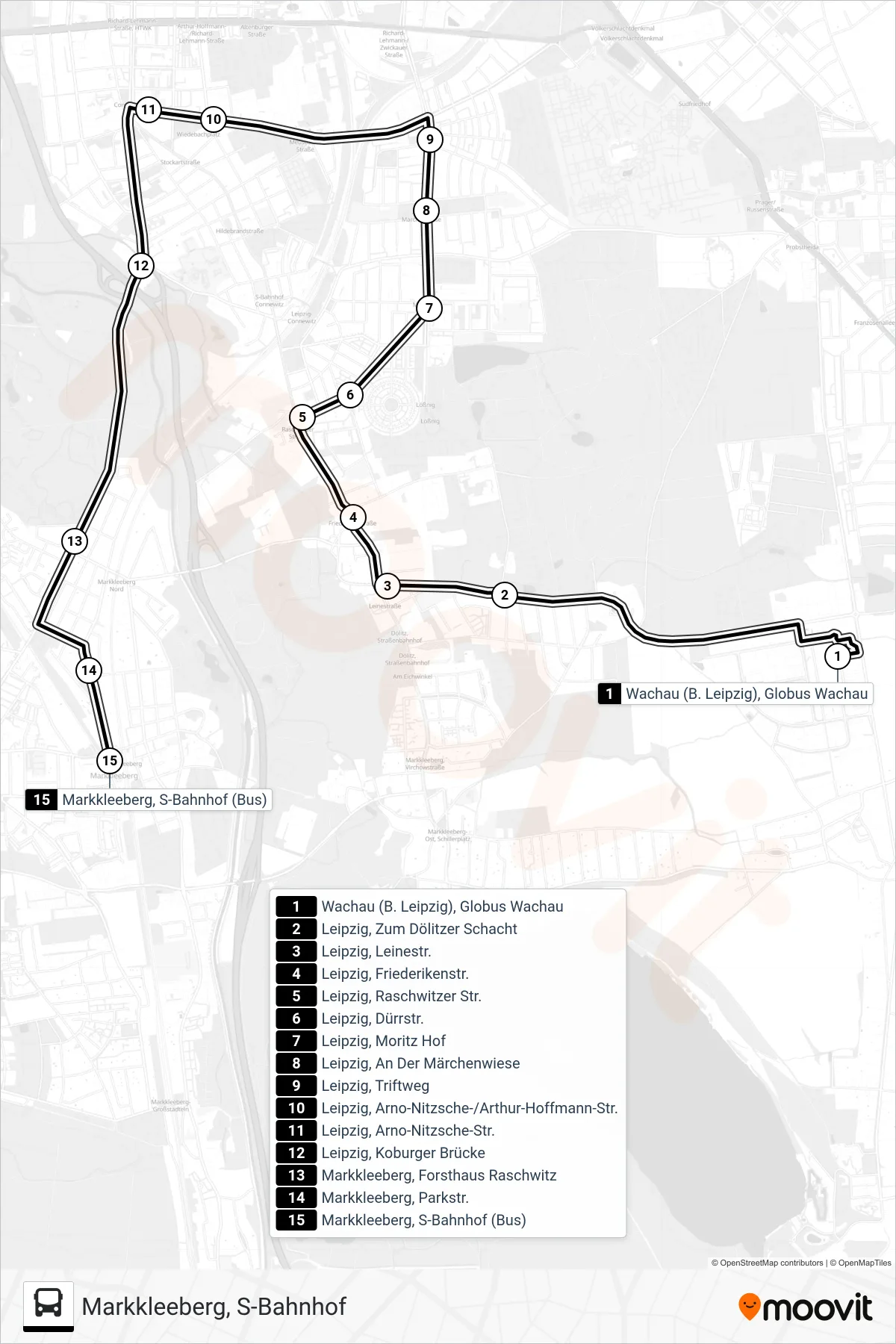 E1 bus Line (Markkleeberg,  S-Bahnhof) route and stops on a map