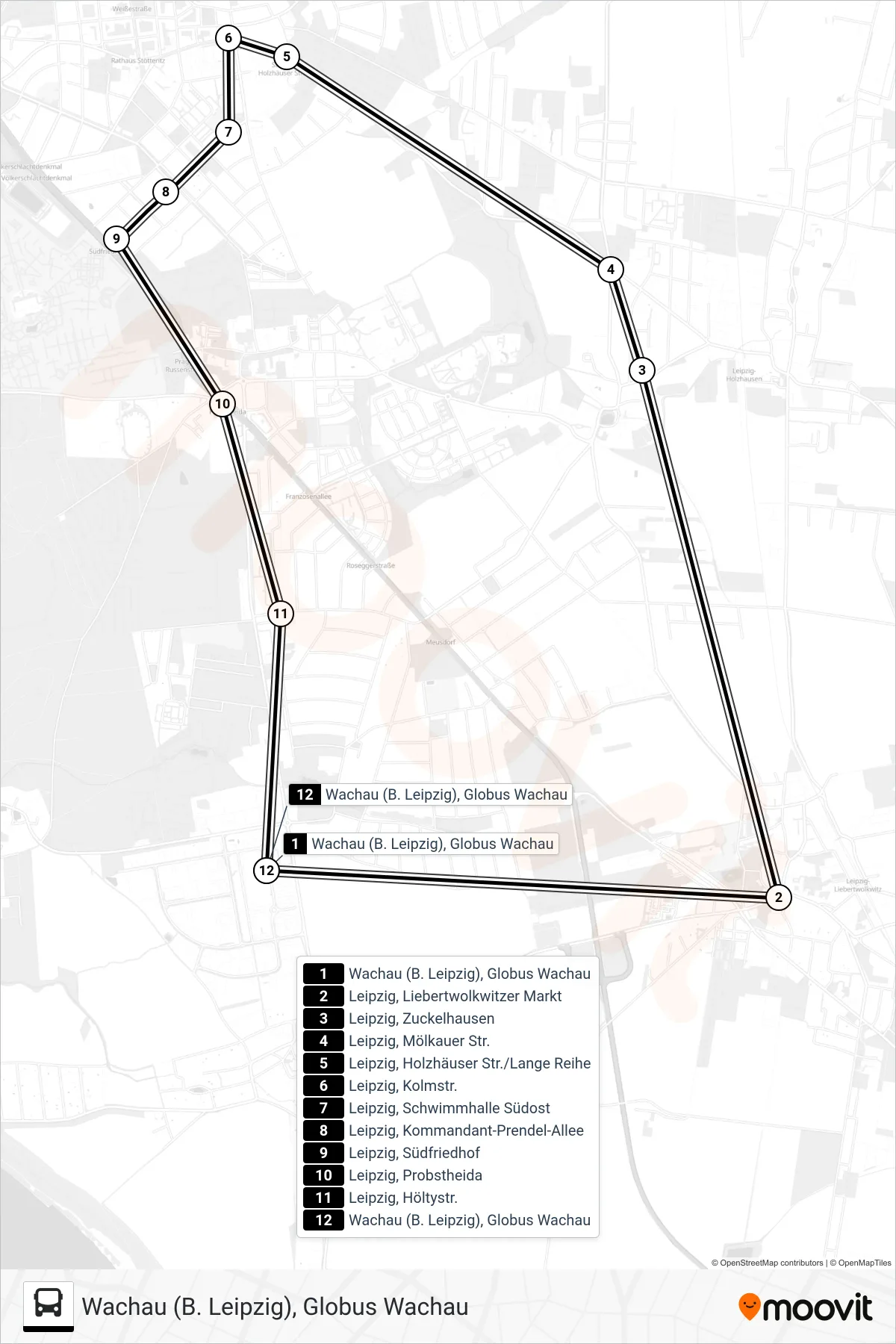 Linie E2 (Bus) Richtung Wachau (B. Leipzig), Globus Wachau: Route und Haltestellen auf der Karte