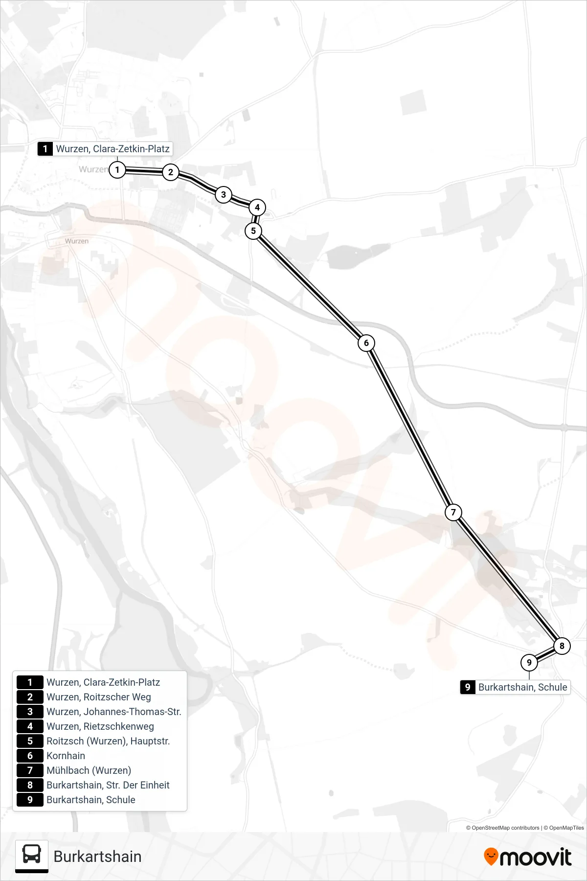 655 bus Line (Burkartshain) route and stops on a map