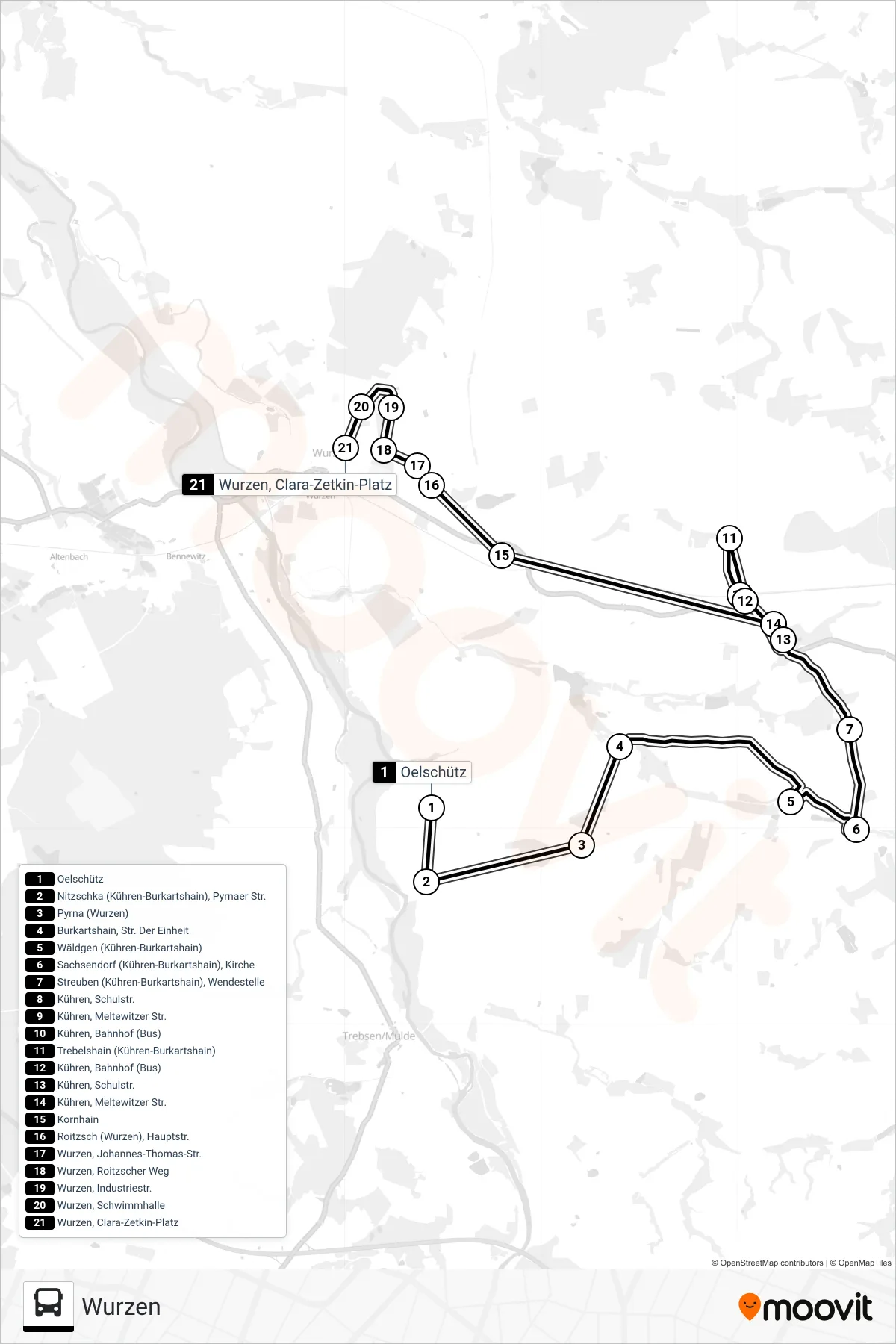 655 bus Line (Wurzen) route and stops on a map