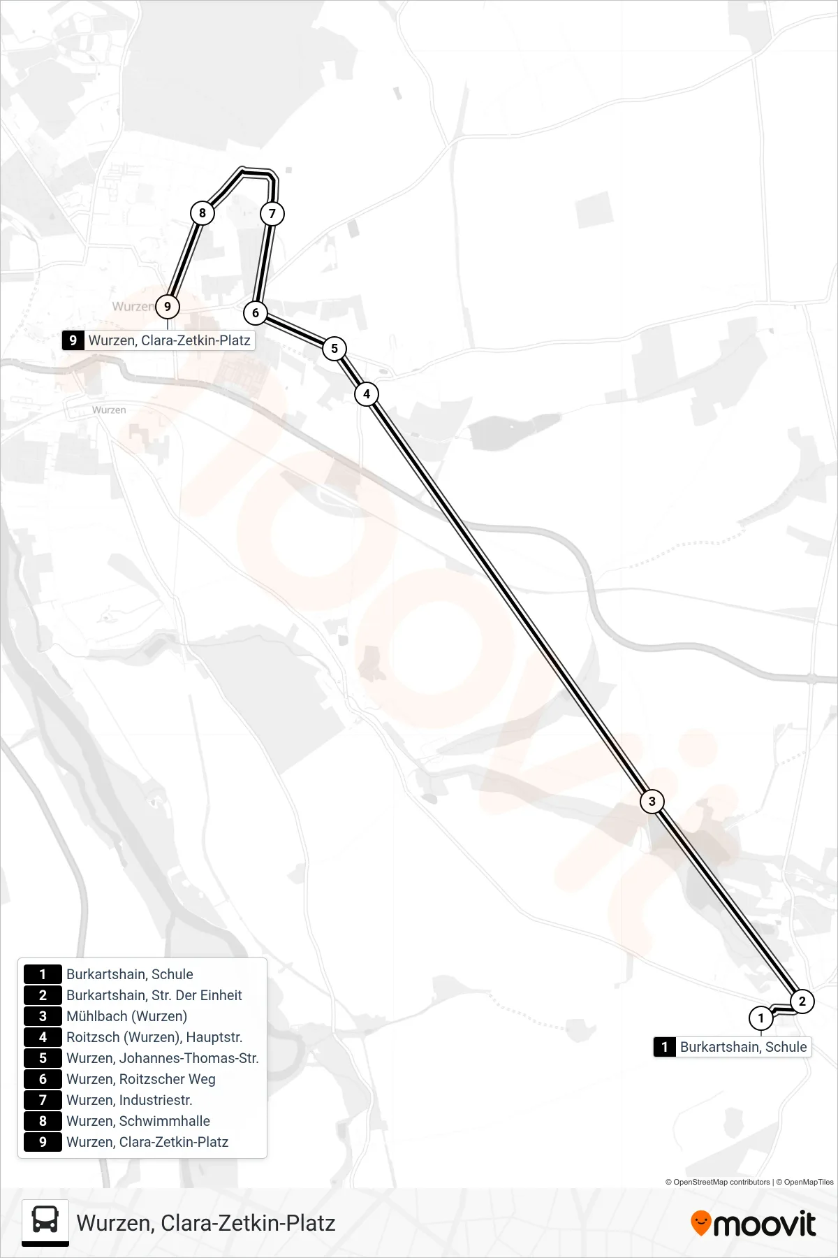 655 bus Line (Wurzen, Clara-Zetkin-Platz) route and stops on a map