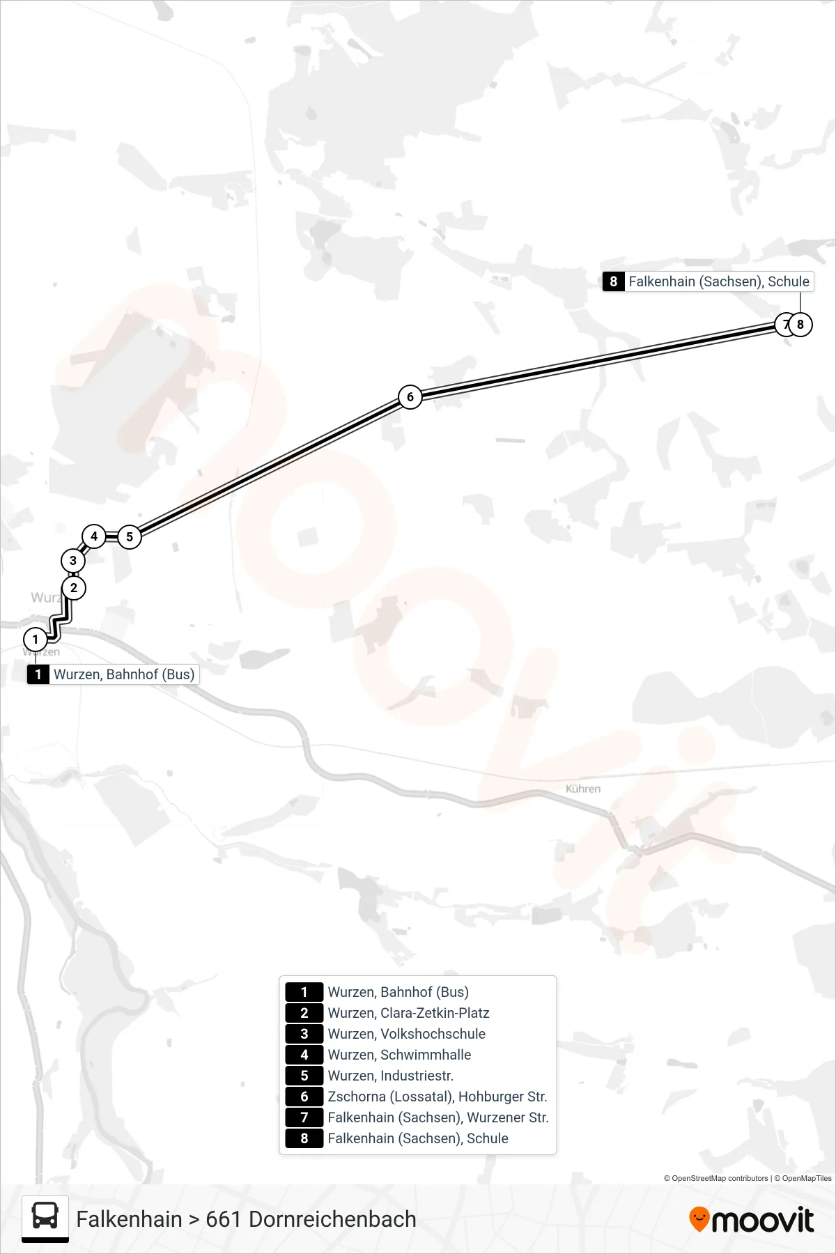 660 bus Line (Falkenhain > 661 Dornreichenbach) route and stops on a map