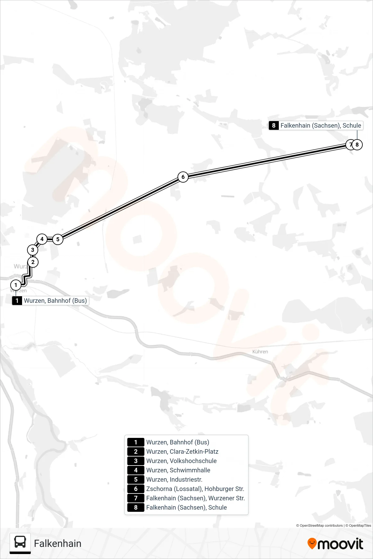 660 bus Line (Falkenhain) route and stops on a map