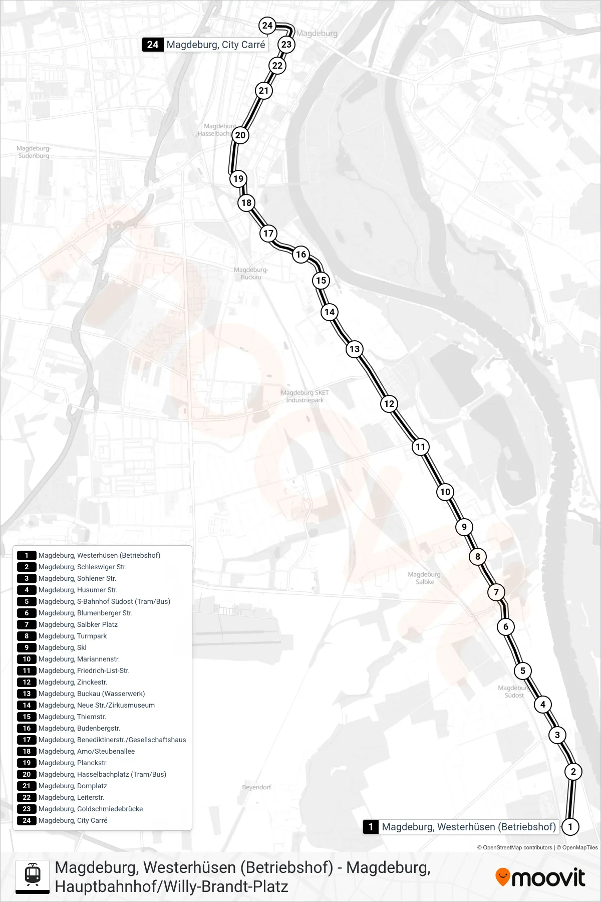 2 light rail Line (Magdeburg, City Carré) route and stops on a map