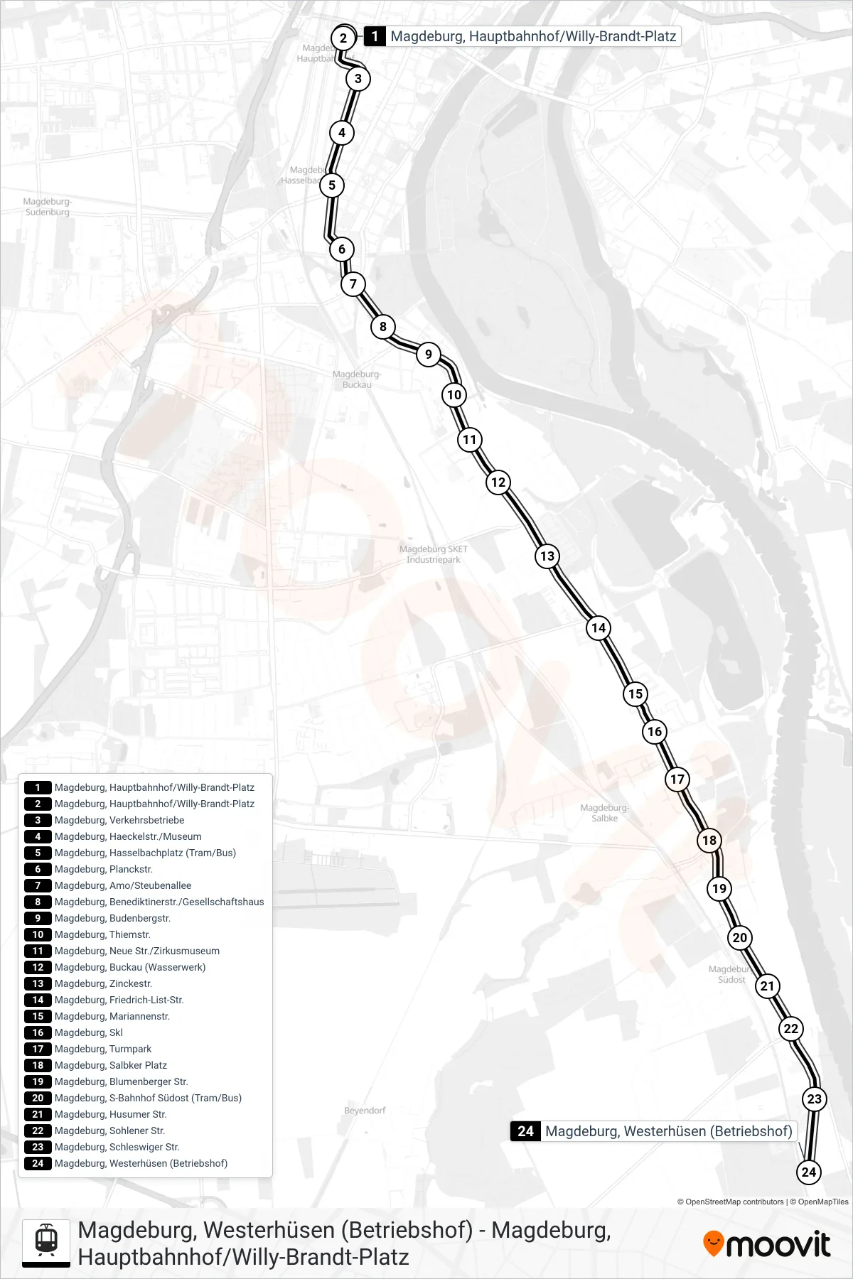Linie 2 (Straßenbahn) Richtung Magdeburg, Westerhüsen (Betriebshof): Route und Haltestellen auf der Karte