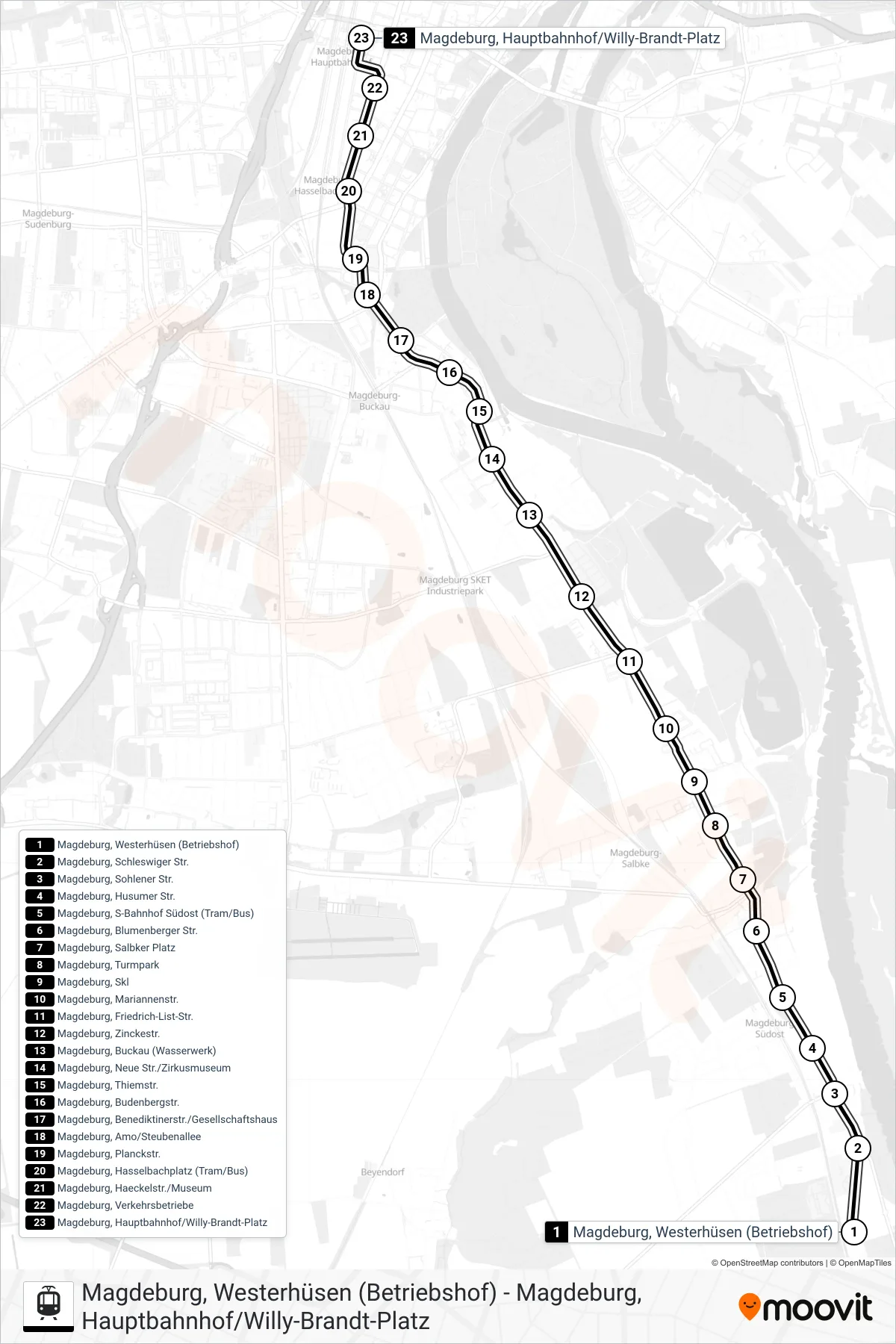 2 tram Line (Magdeburg, Hauptbahnhof/Willy-Brandt-Platz) route and stops on a map