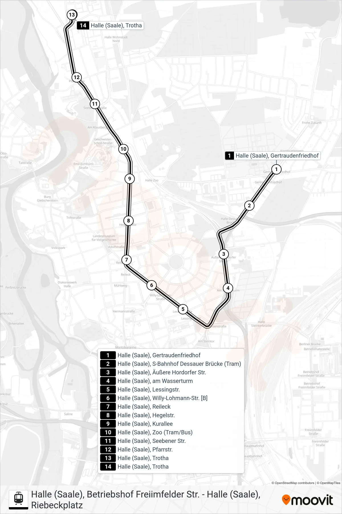 E tram Line (Halle (Saale), Trotha) route and stops on a map