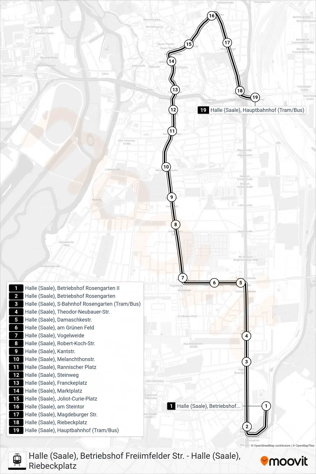 E tram Line (Halle (Saale), Hauptbahnhof (Tram/Bus)) route and stops on a map