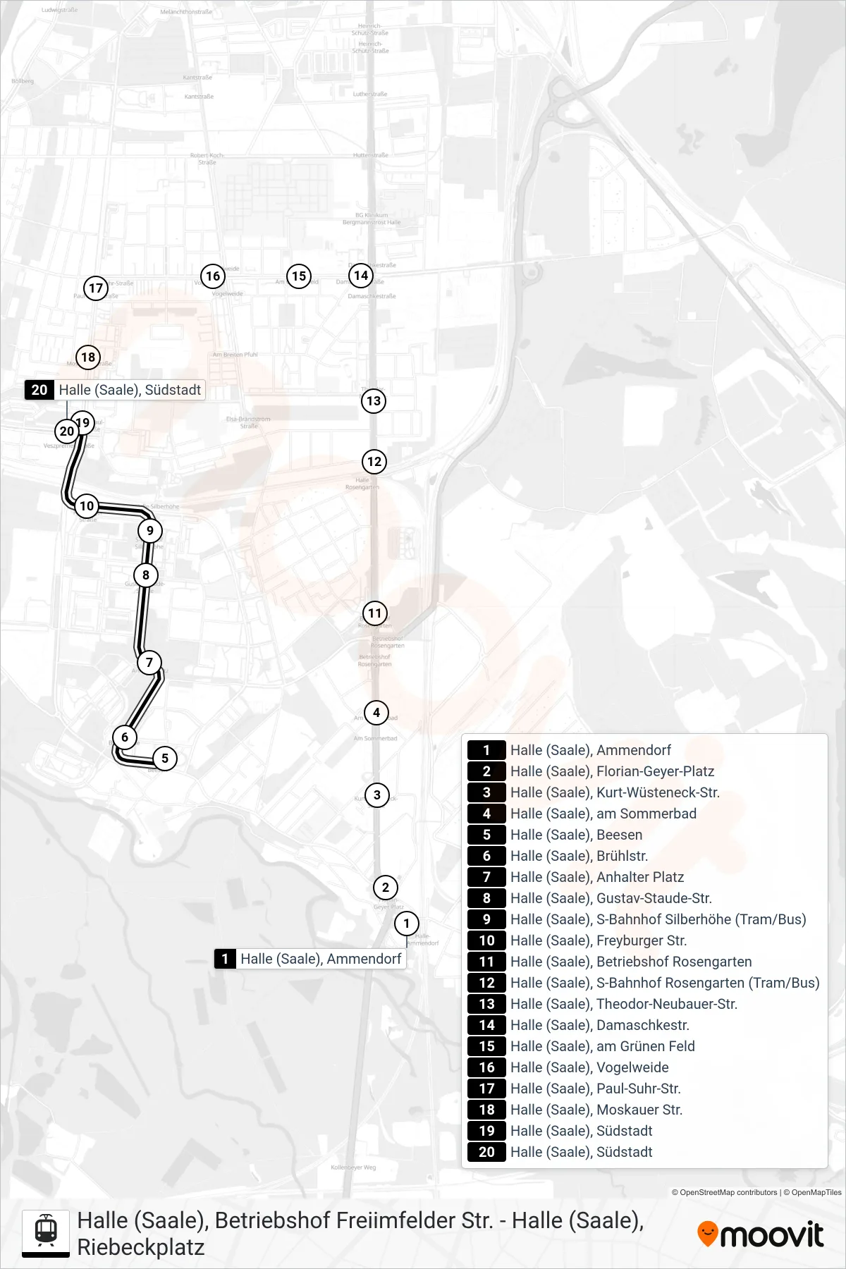E tram Line (Halle (Saale), Südstadt) route and stops on a map
