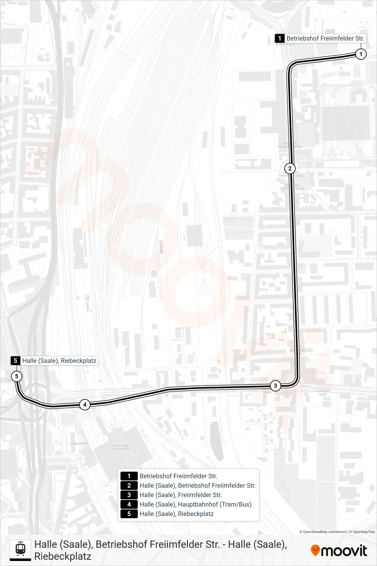 E light rail Line (Halle (Saale), Riebeckplatz) route and stops on a map