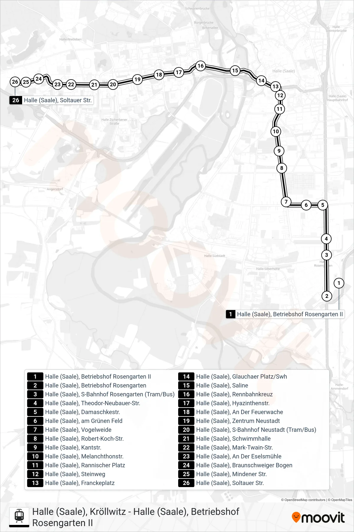 Linie E (Straßenbahn) Richtung Halle (Saale), Soltauer Str.: Route und Haltestellen auf der Karte
