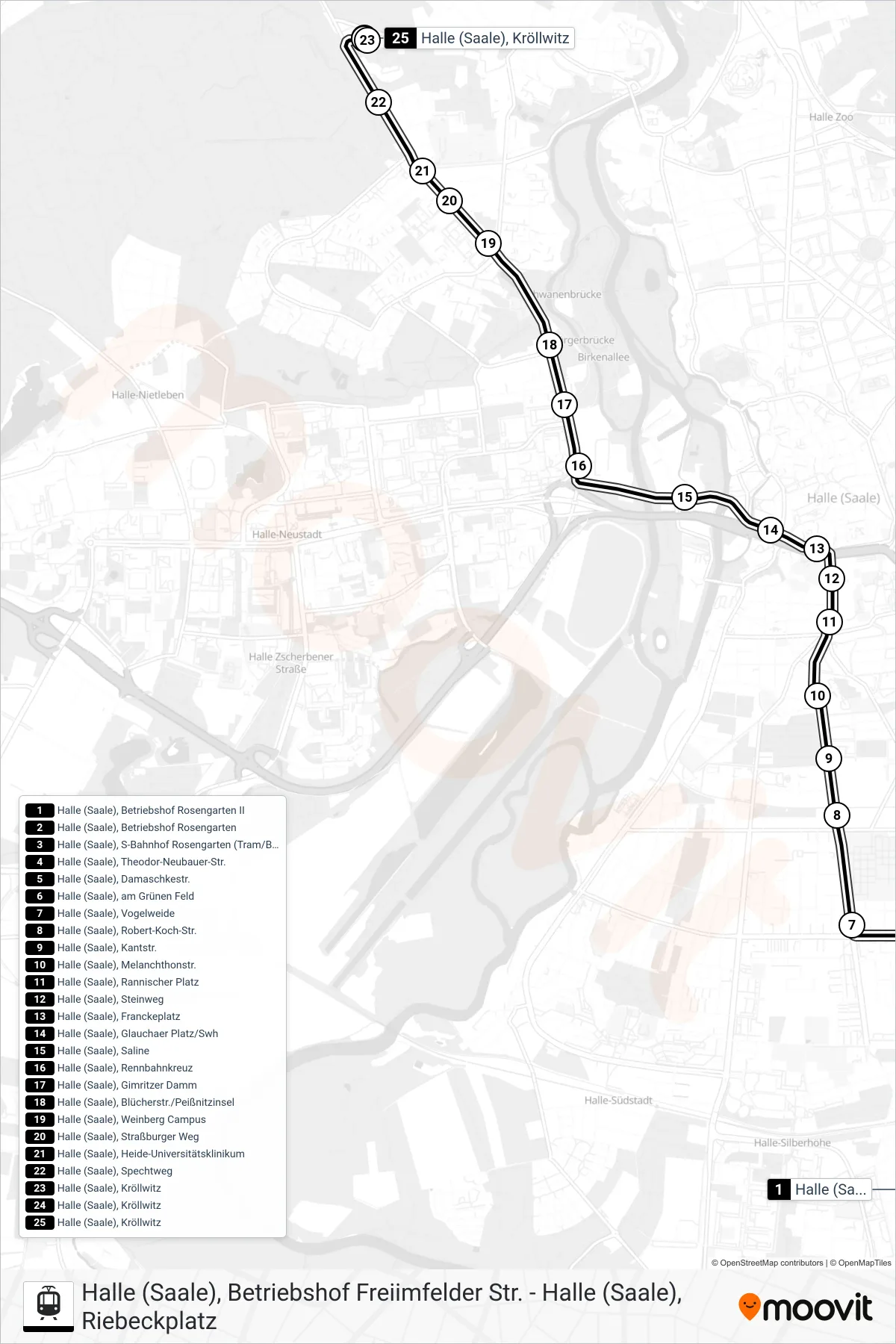 Linie E (Straßenbahn) Richtung Halle (Saale), Kröllwitz: Route und Haltestellen auf der Karte
