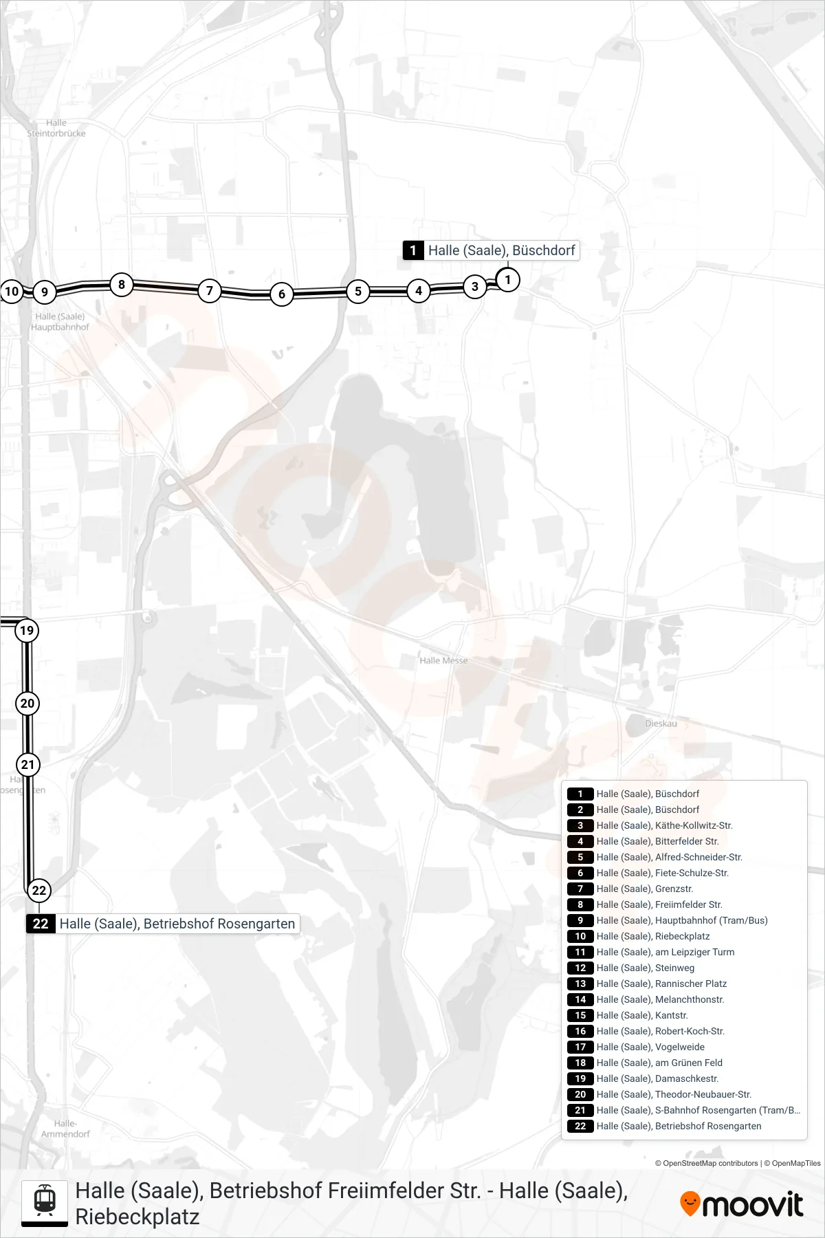 Linie E (Straßenbahn) Richtung Halle (Saale), Betriebshof Rosengarten: Route und Haltestellen auf der Karte