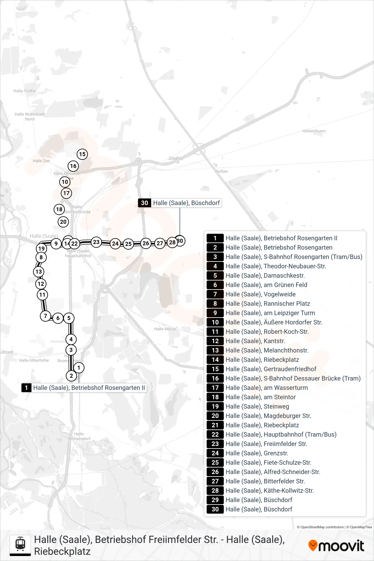 E tram Line (Halle (Saale), Büschdorf) route and stops on a map